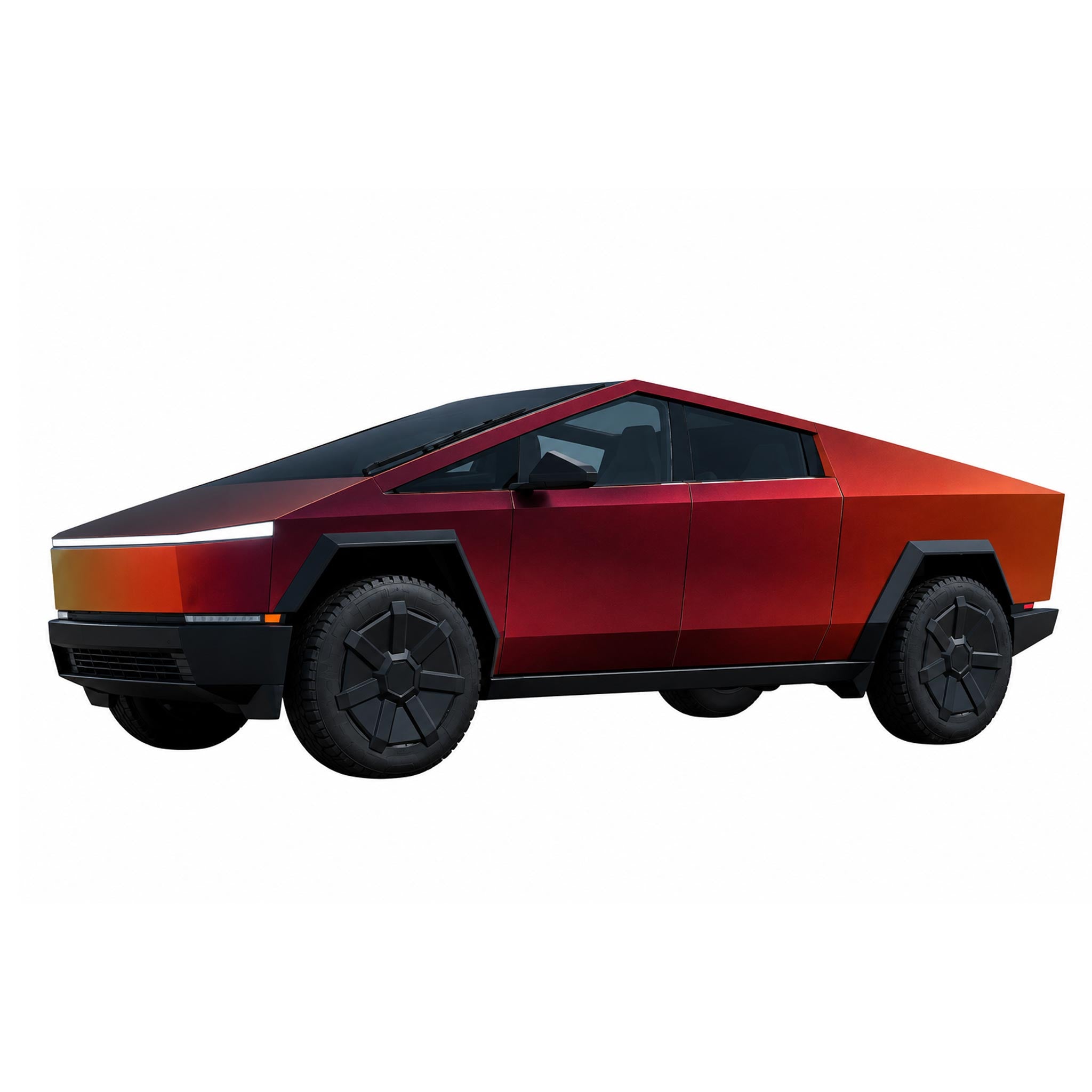 A Cybertruck-style electric pickup truck with a faceted angular design, shown in a metallic red-to-orange gradient finish with black wheels and trim, isolated on a white background.