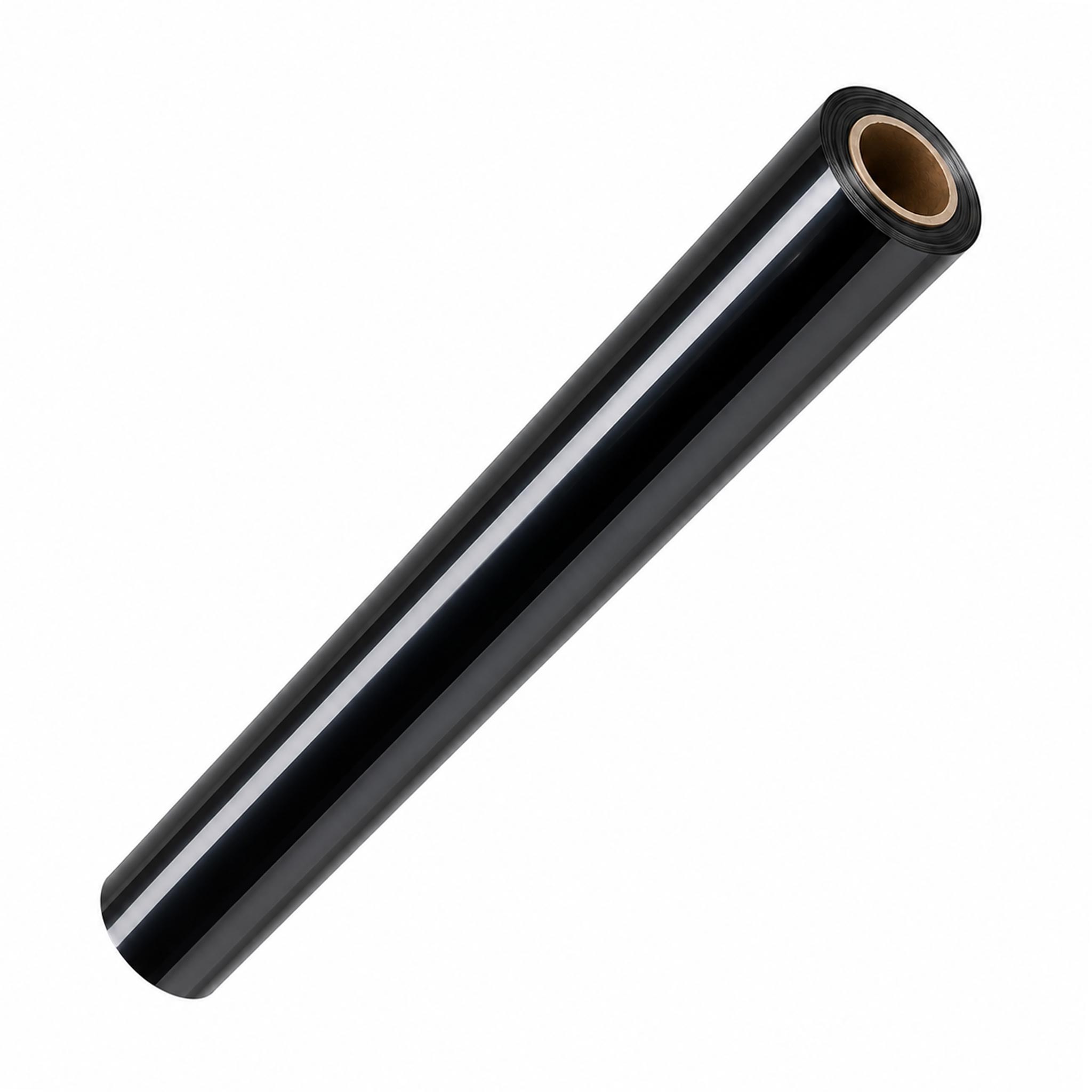 A roll of glossy black window tint, shown diagonally on a plain white background.