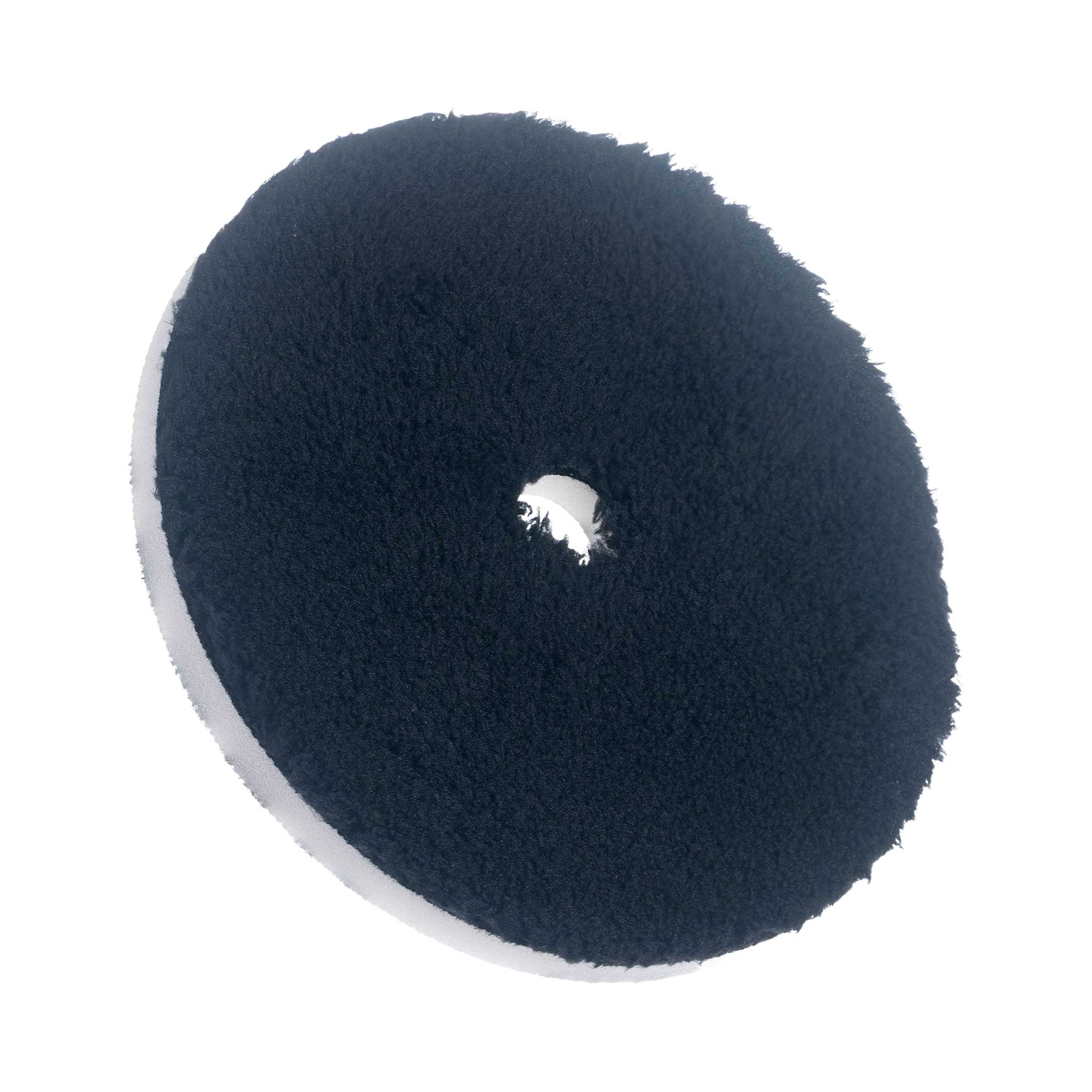 One 5 inch black microfiber polishing pad on a white background