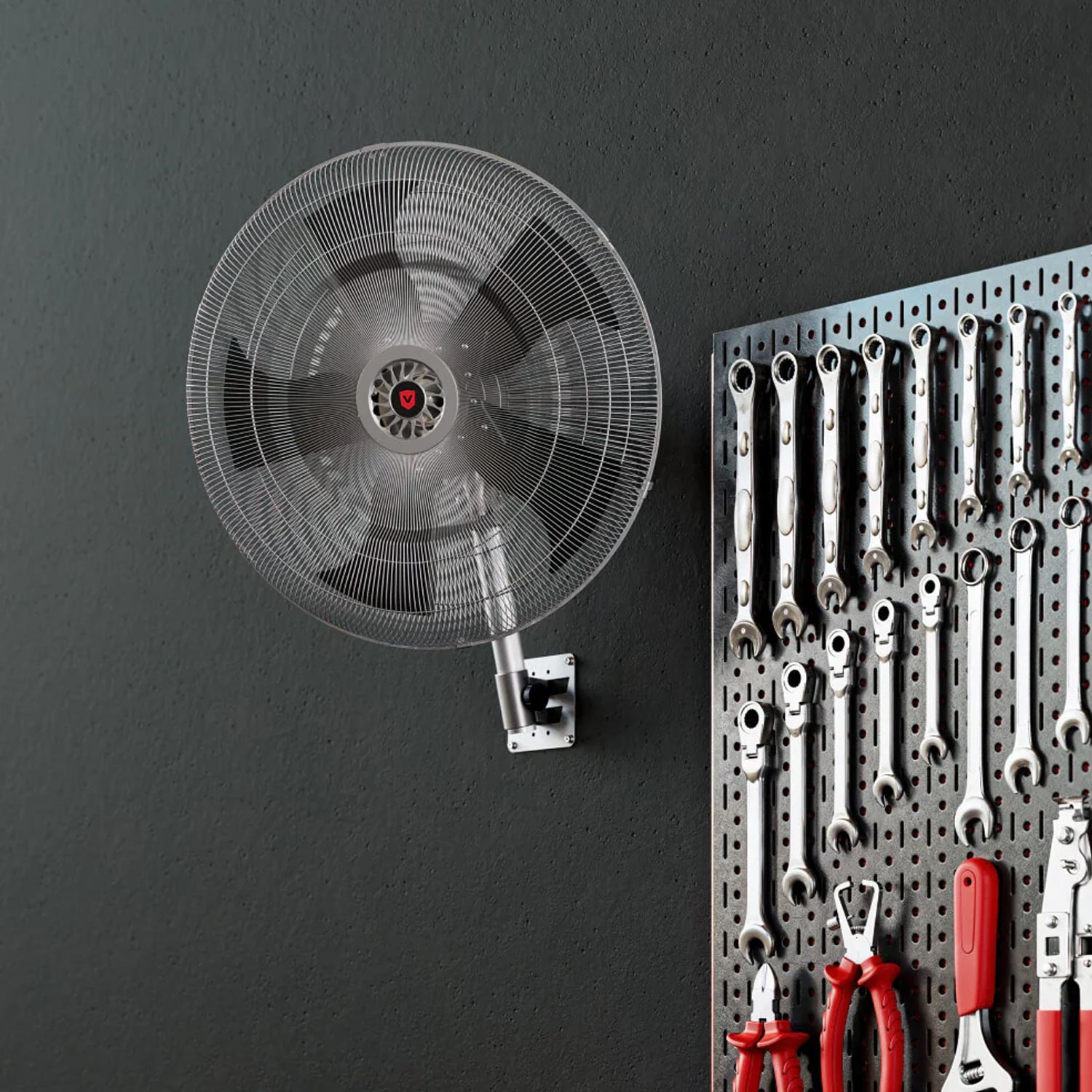 vyper fan hanging above a workbench in a shop setting