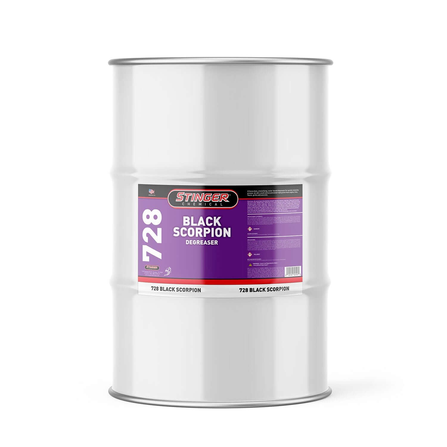 55-gallon drum of Black Scorpion Degreaser on a white background