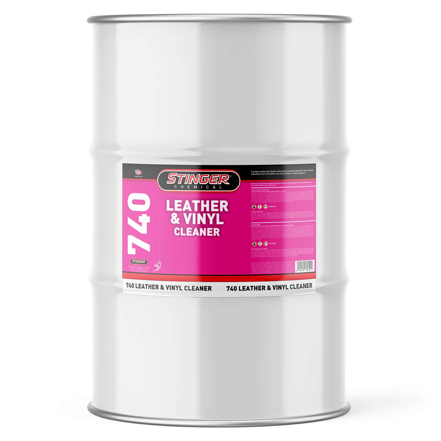 55-gallon drum stinger chemical leather & vinyl cleaner on a white background