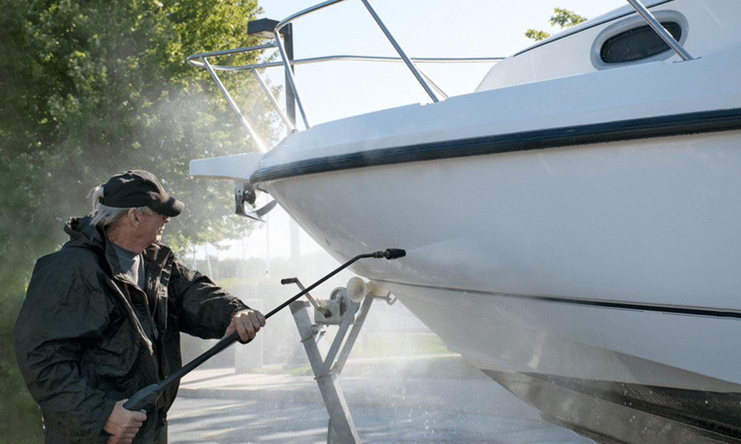 Boat cleaning with pressure washer