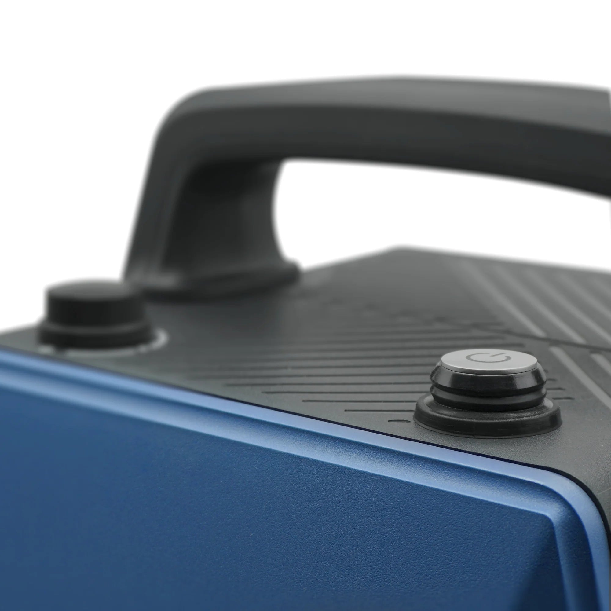 Close-up of a blue maxflow pressure washer with control knobs on a white background
