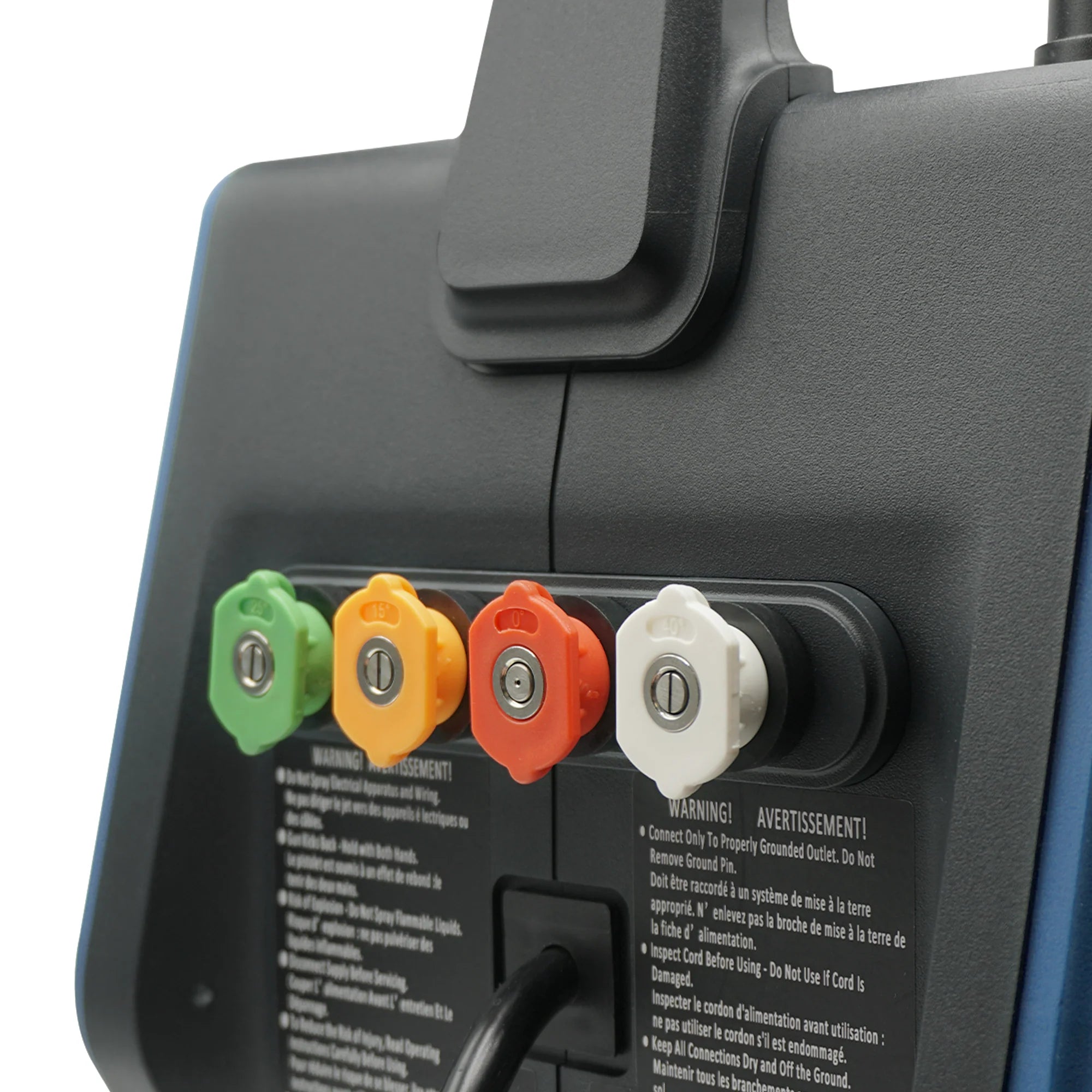 Close-up of a Maxflow pressure washer with color-coded nozzles on a white background
