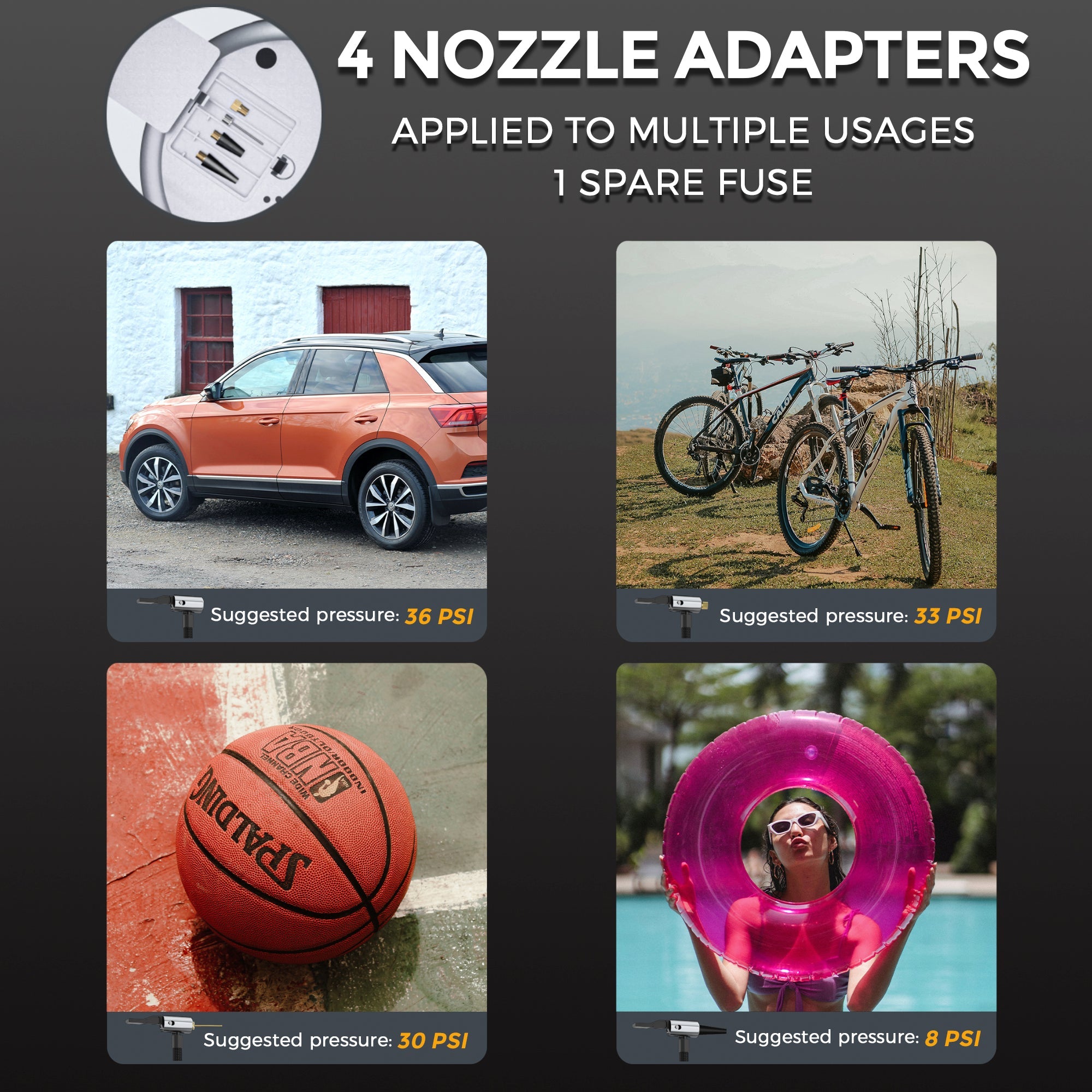 Advertisement for 4 nozzle adapters with images of car, bicycles, basketball, and pool float, showing suggested pressures.