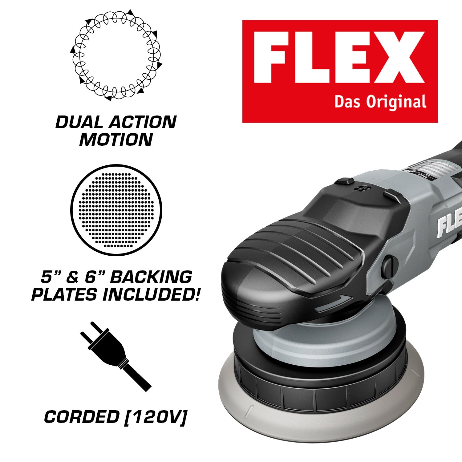 Flex dual-action sander with features highlighted on a white background