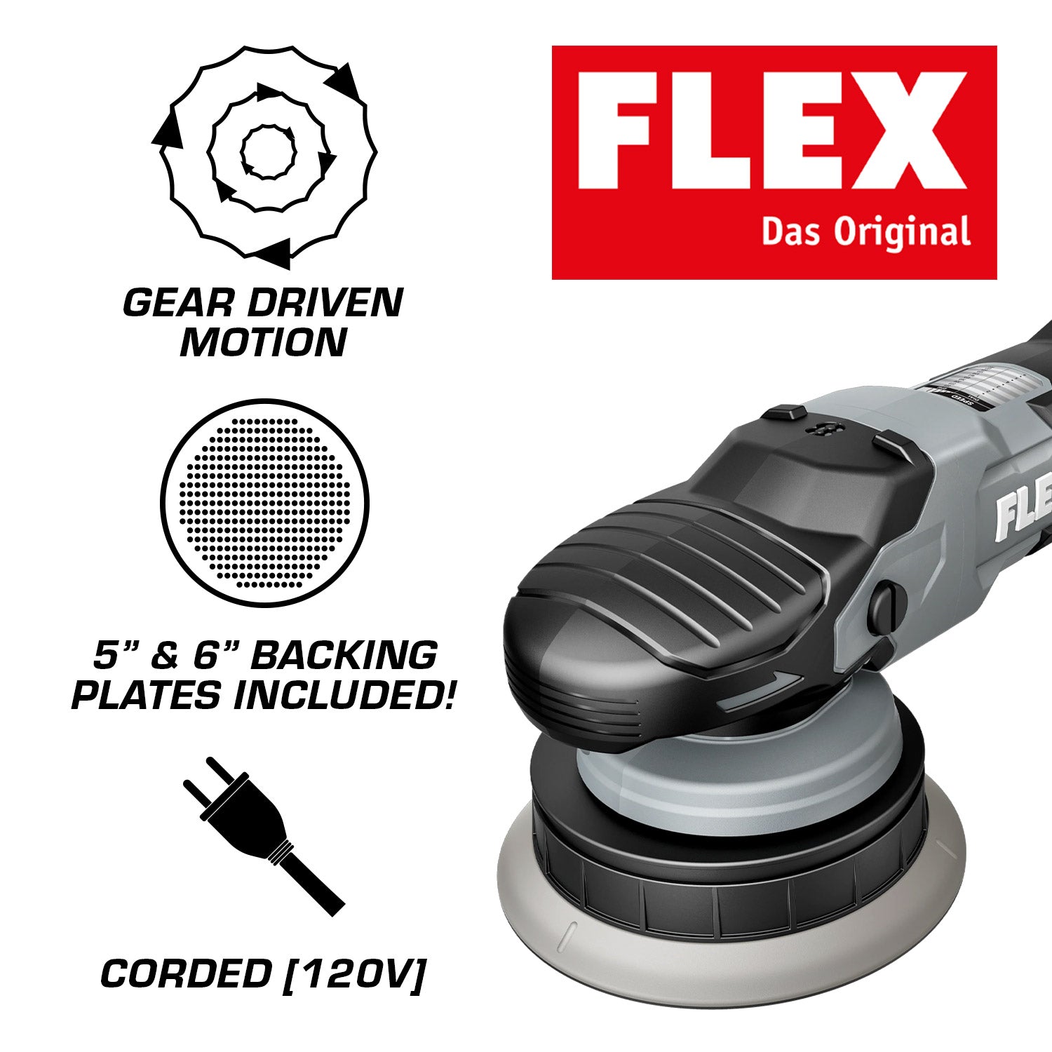 Flex orbital polisher with features highlighted on a white background