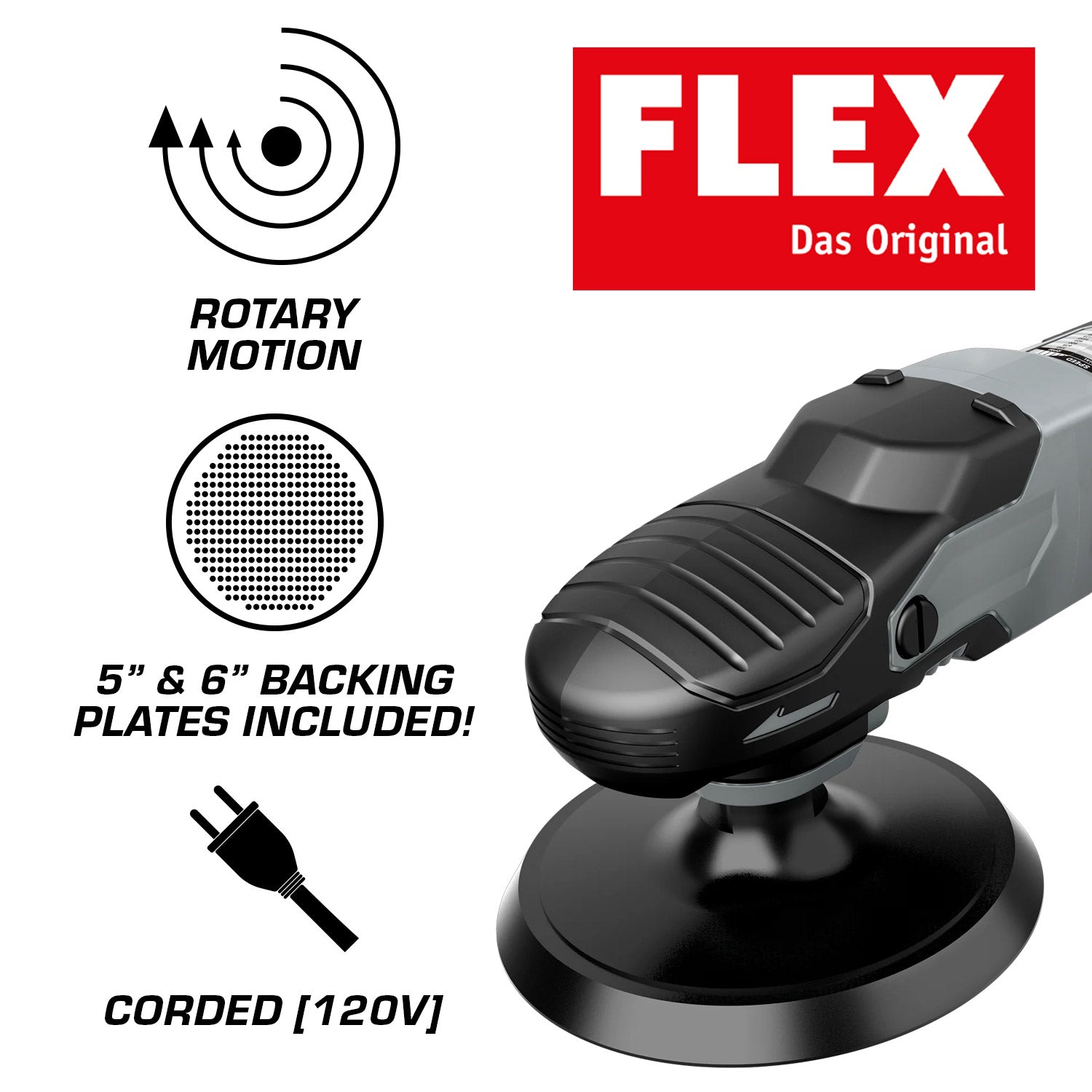 Flex rotary motion tool with features highlighted on a white background