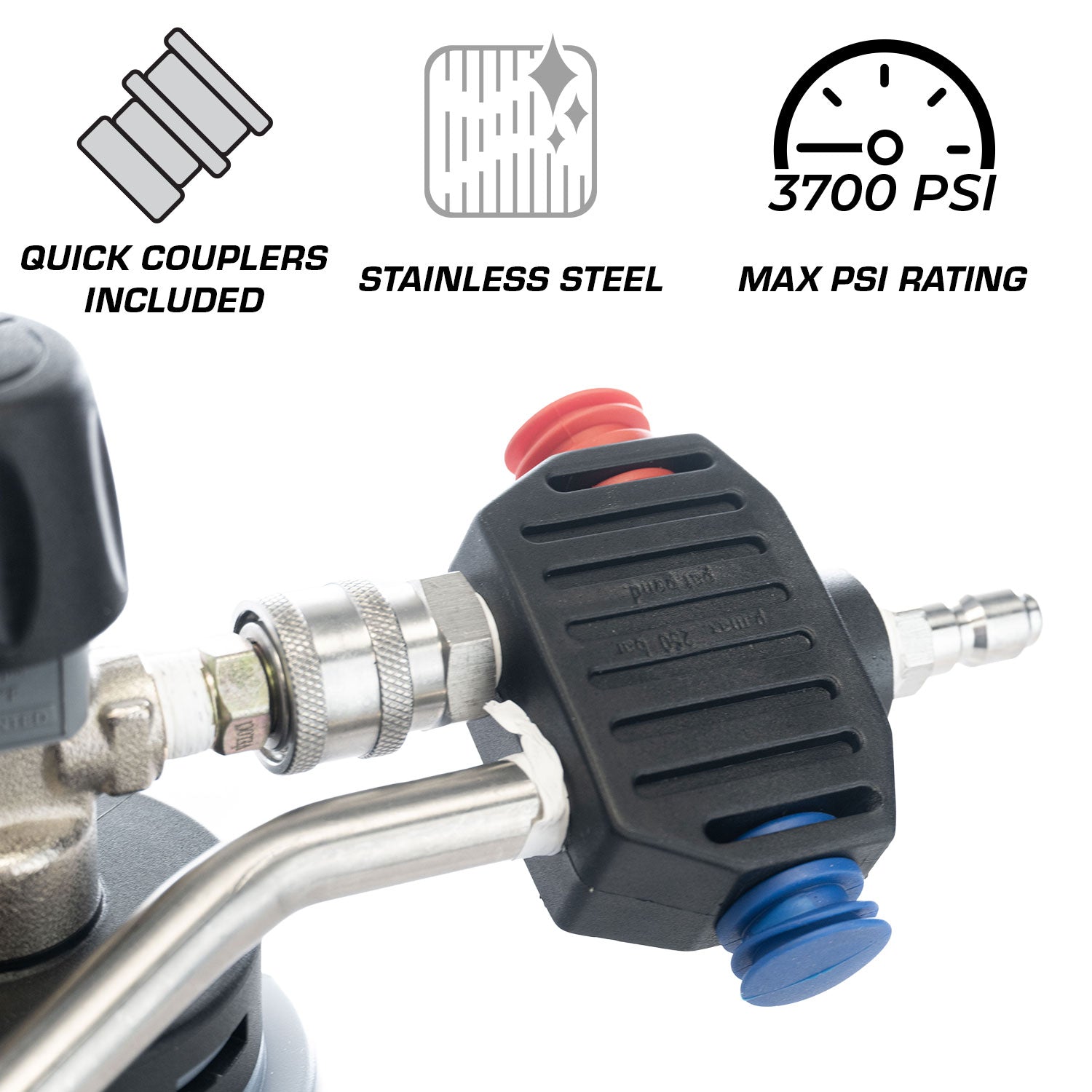 MTM Mezzo Valve for foam cannon with quick couplers included, stainless steel, and max PSI rating on a white background