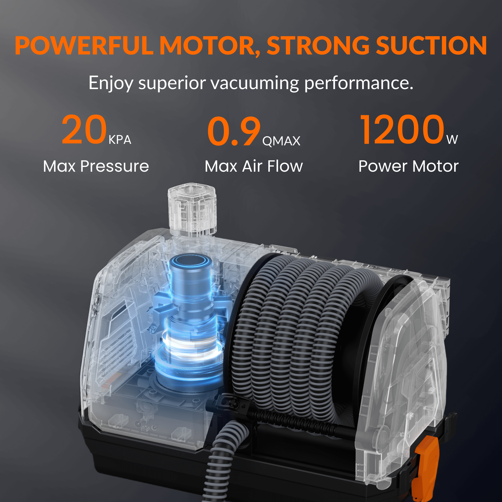 Vacuum cleaner motor with specifications on a dark background