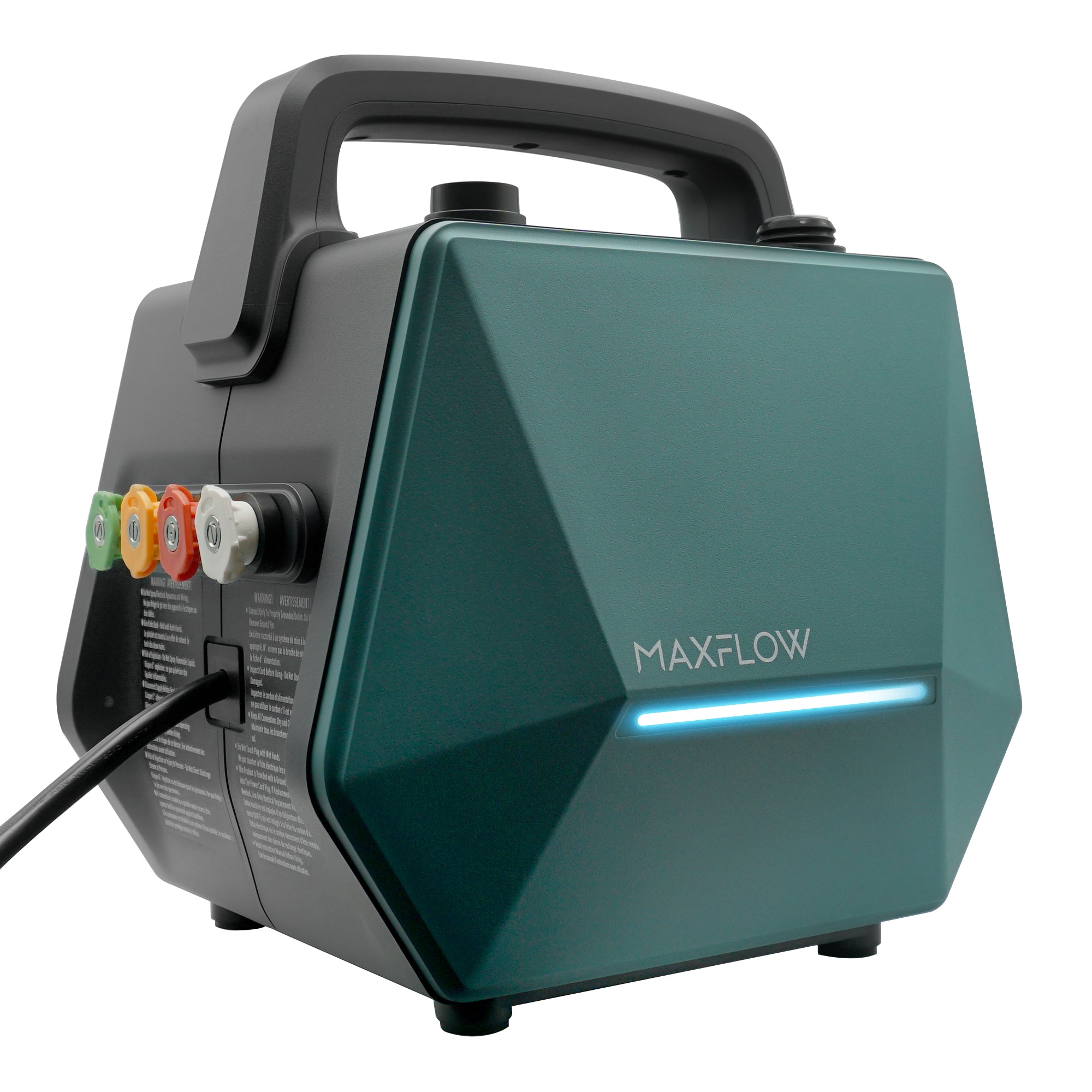 A MAXFLOW portable pump or generator unit in dark teal green and black, featuring a carrying handle, three colored connection ports on the side, a power cord, and a blue LED light strip on the front.