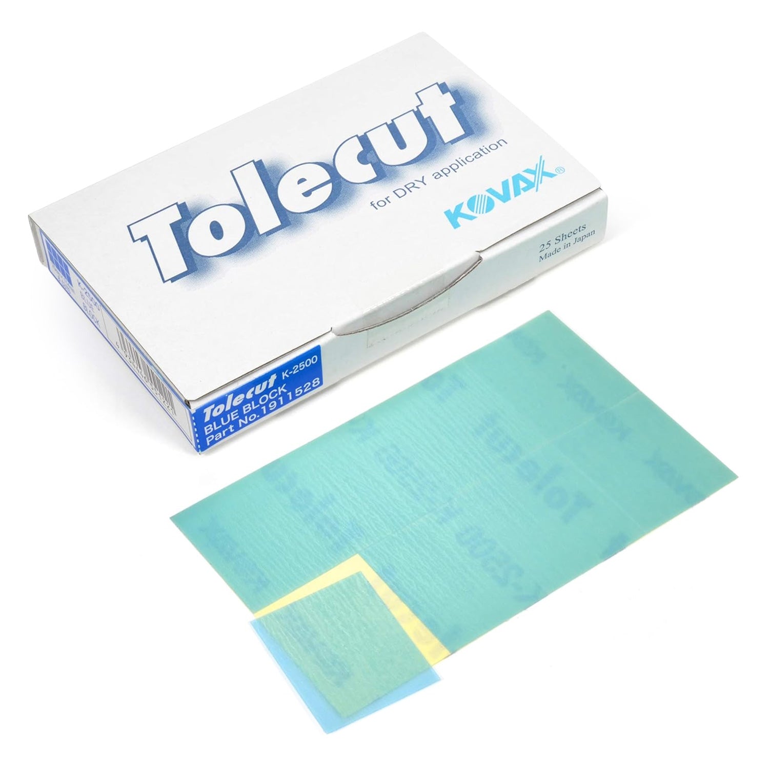 2500 grit blue tolecut sanding sheets on a white background