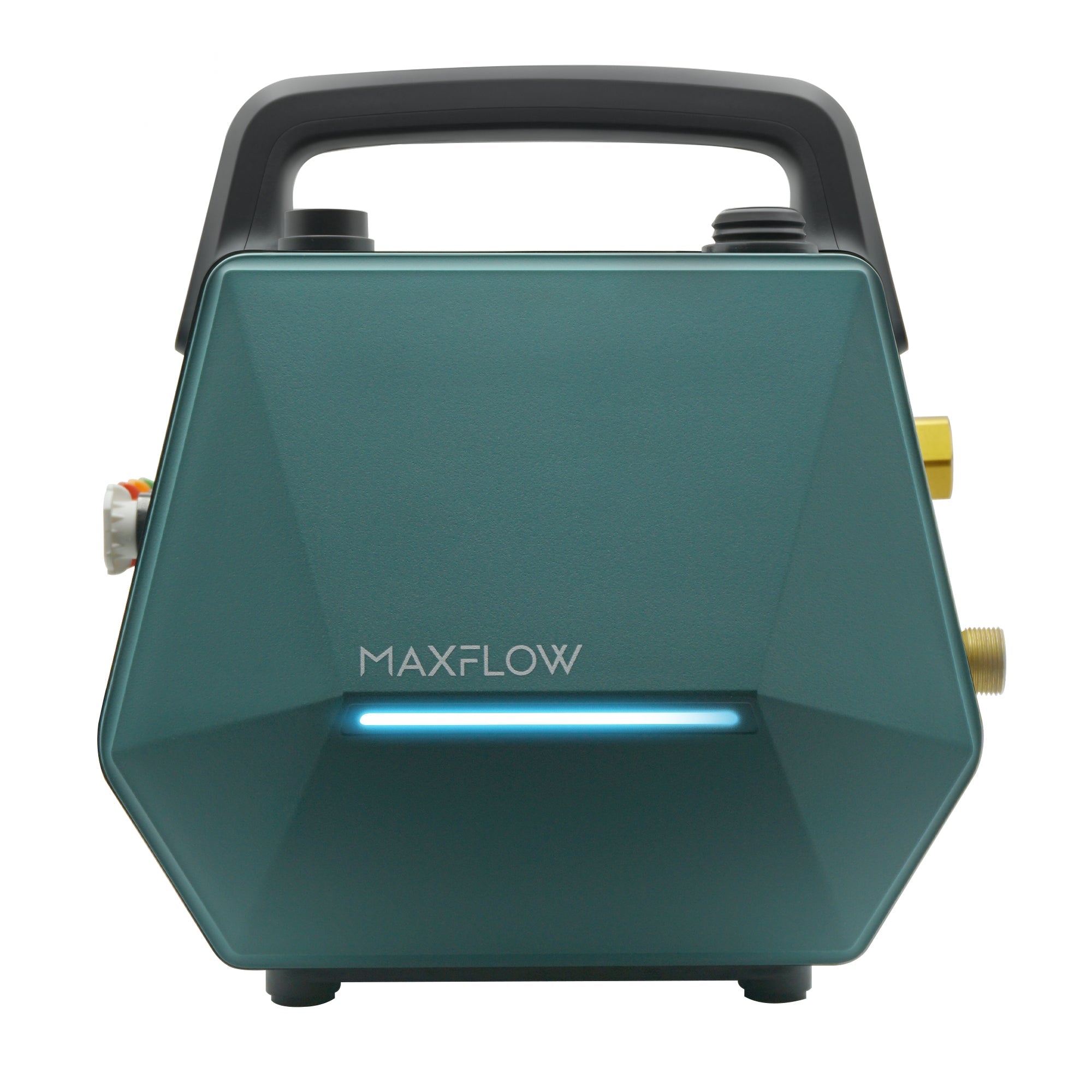A MAXFLOW portable device in a dark teal-green color with a black handle, gold metal fittings, and a glowing blue light bar on the front, set against a plain white background.
