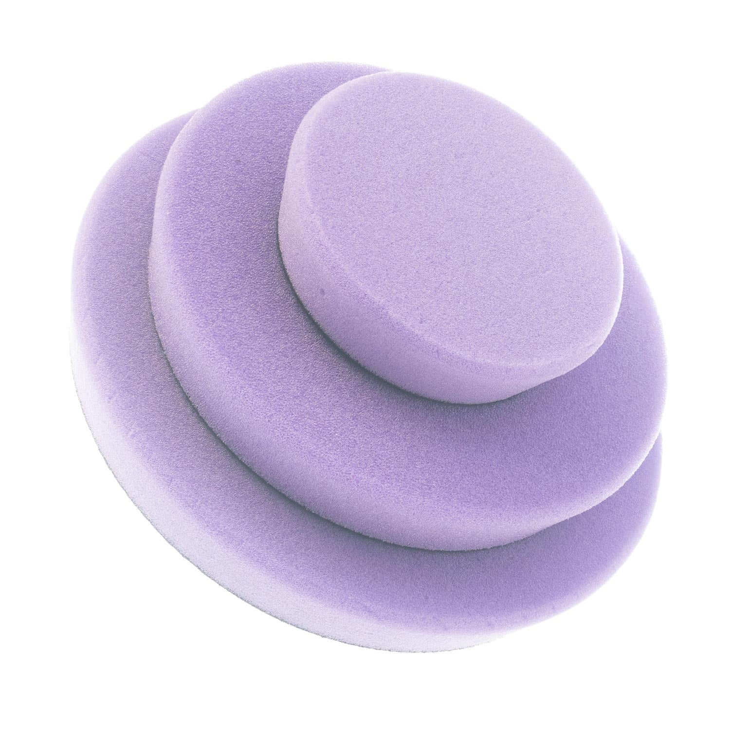 Three light purple 3d buffing pads stacked on a white background