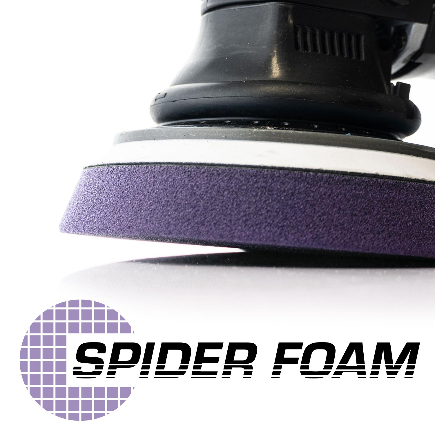 Polishing machine with a light purple foam pad on a white background, featuring the 'Spider Foam' logo.