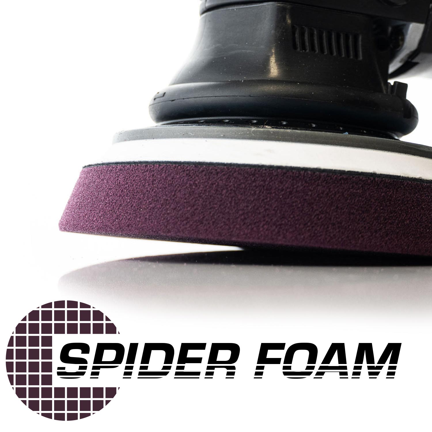 Polishing machine with a purple buffing pad on a white background, featuring the 'Spider Foam' logo.