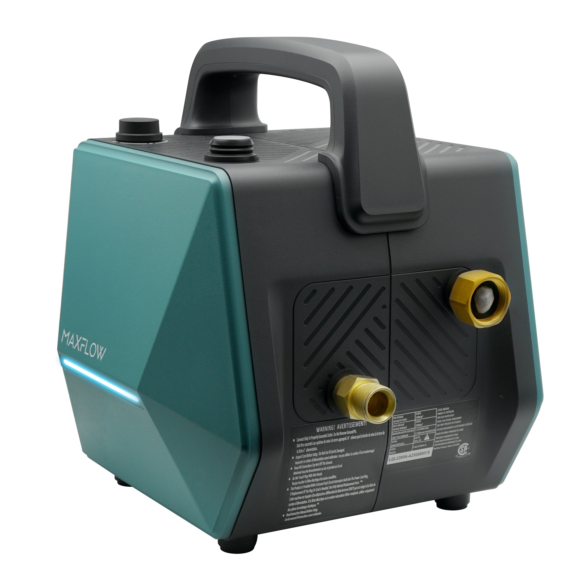 A Maxflow portable water pressure washer with a teal and black body, featuring a built-in handle, brass connection fittings, and white printed specifications on the back panel, set against a plain white background.
