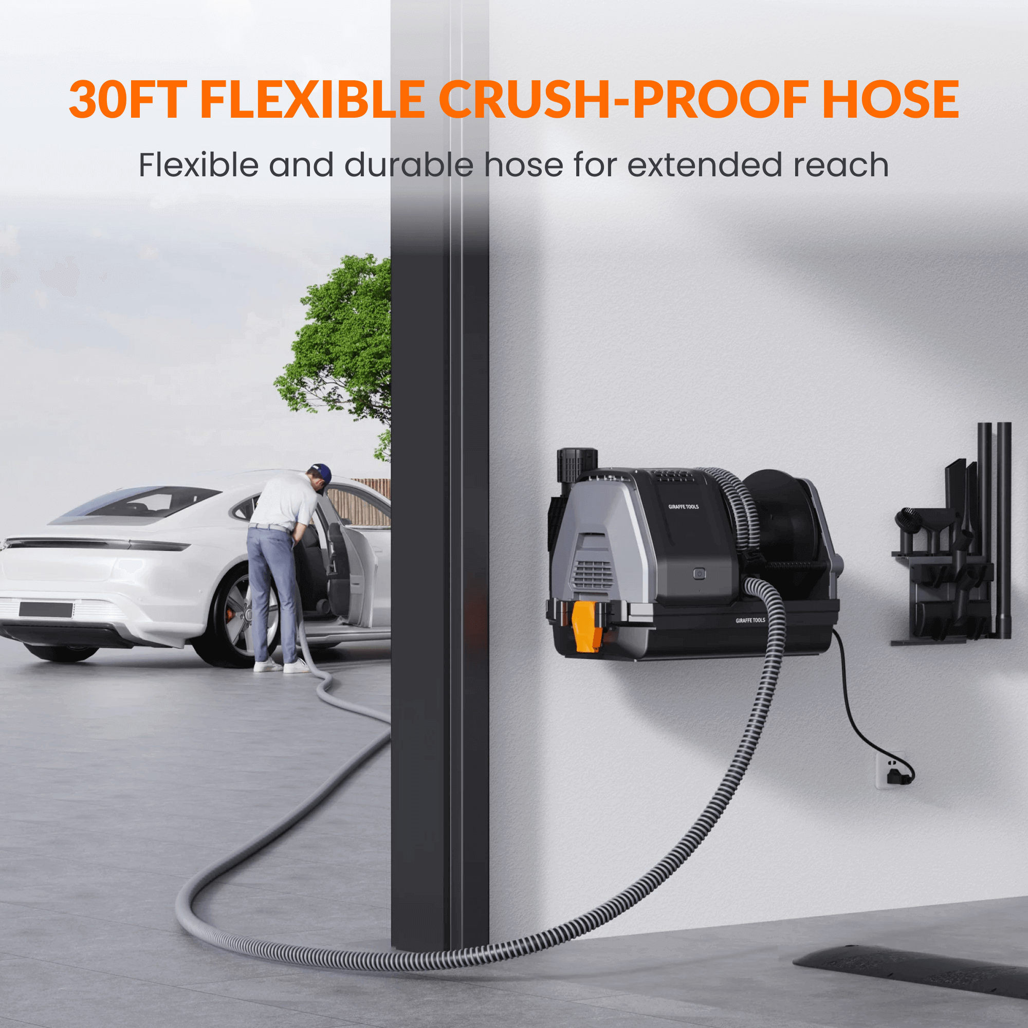 30ft flexible crush-proof hose with car and person in the background