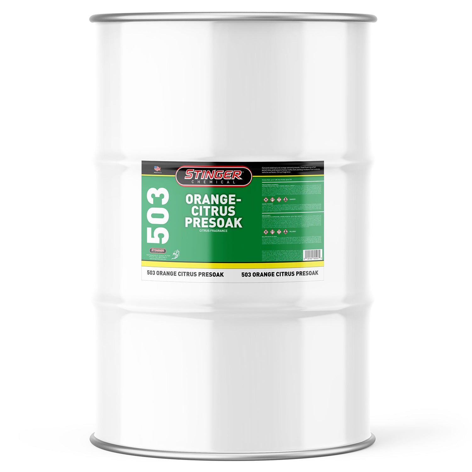 White 55 gallon 503 orange citrus presoak drum container with a green label on a white background