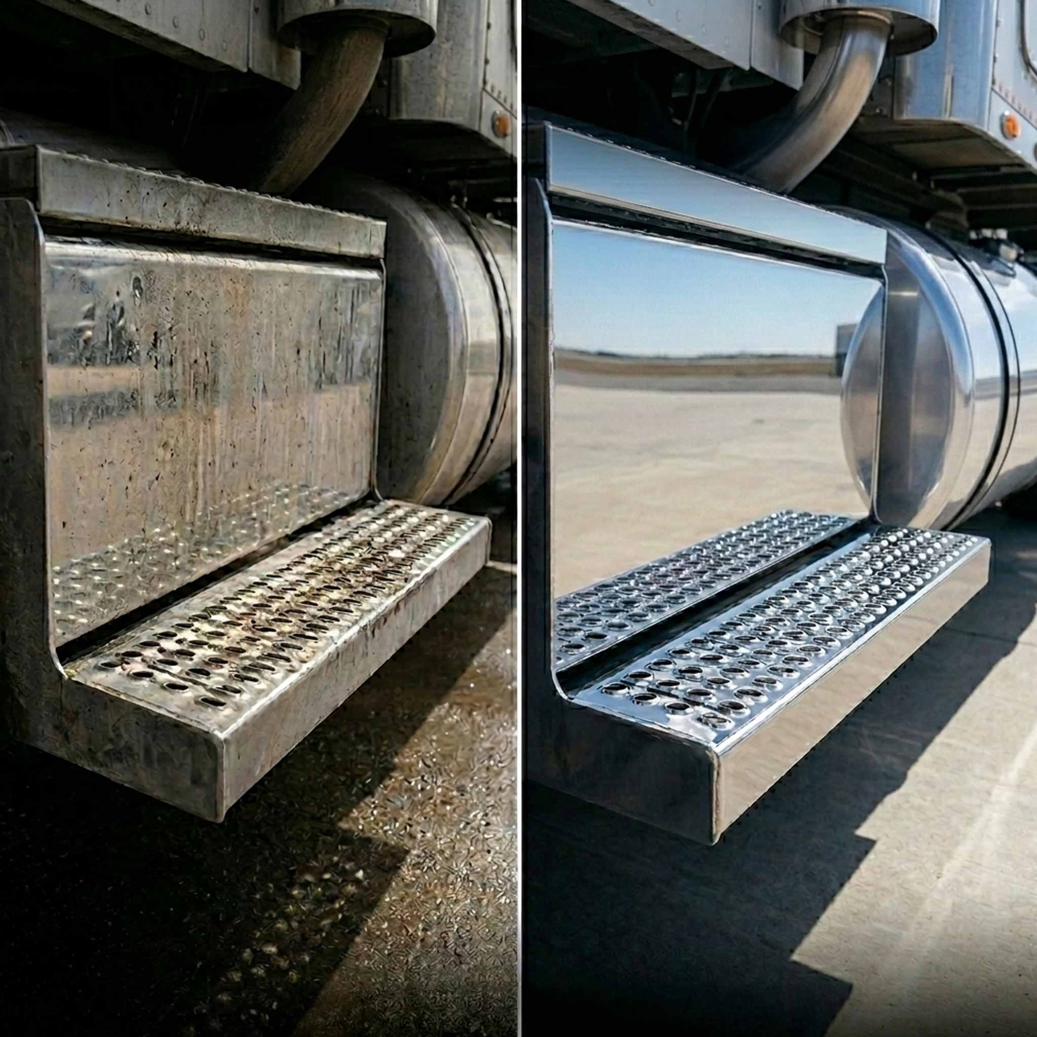 before and after picture of a semi after orange citrus presoak use
