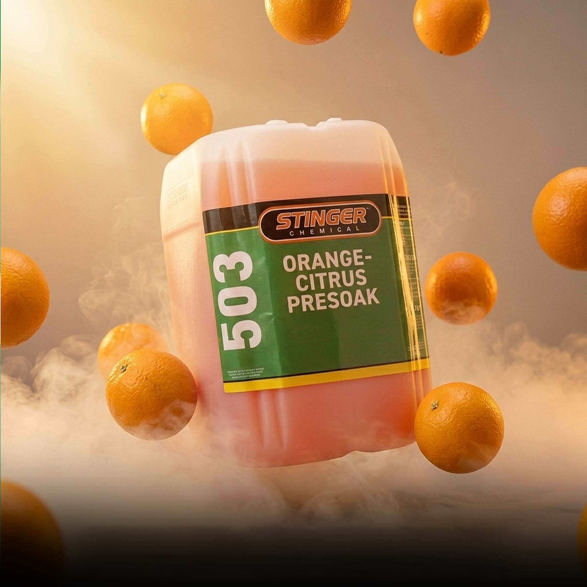 Stinger Chemicals 503 Orange-Citrus Presoak container with floating oranges on a gradient background