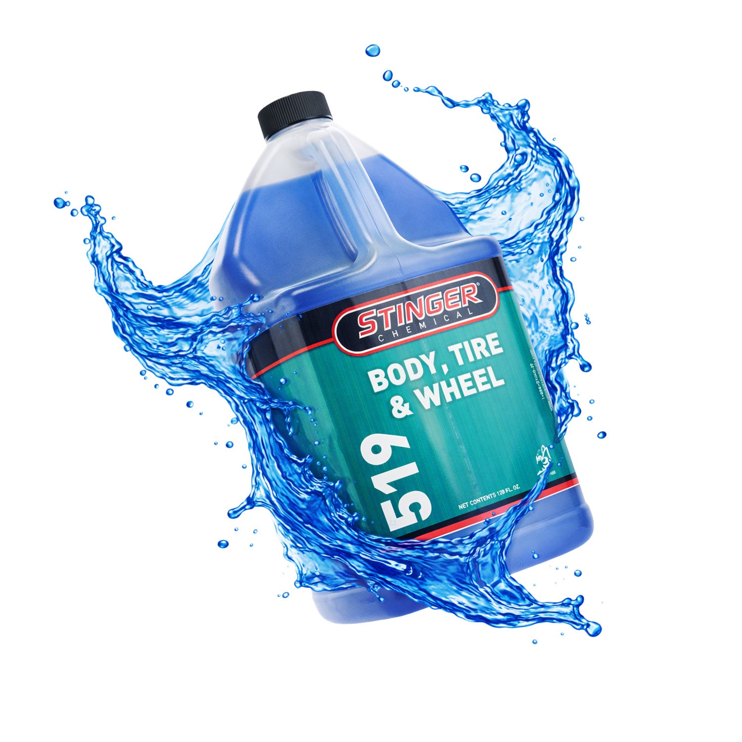 Bottle of Stinger Body, Tire & Wheel 519 with water splashes on a white background