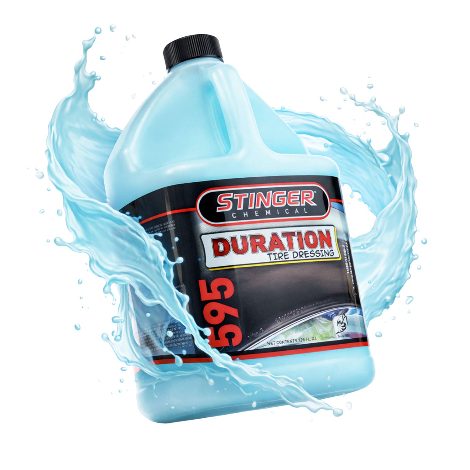 Bottle of Stinger Chemical Duration tire dressing with water splash effect on a white background