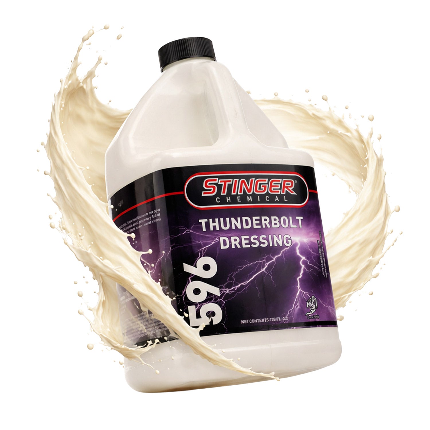 Stinger Chemicals Thunderbolt Dressing 596 bottle with liquid splash on a white background