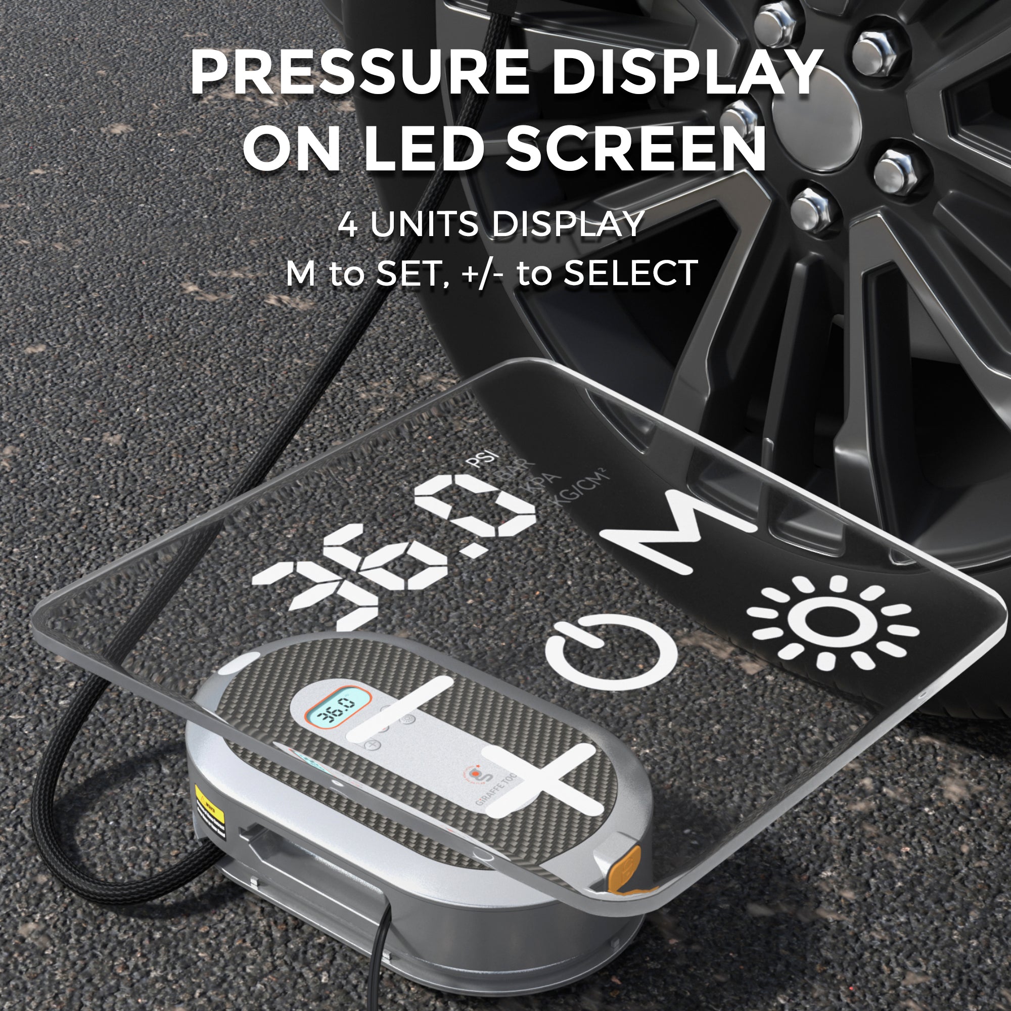 Digital tire pressure monitor with LED screen displaying pressure values, connected to a car tire.