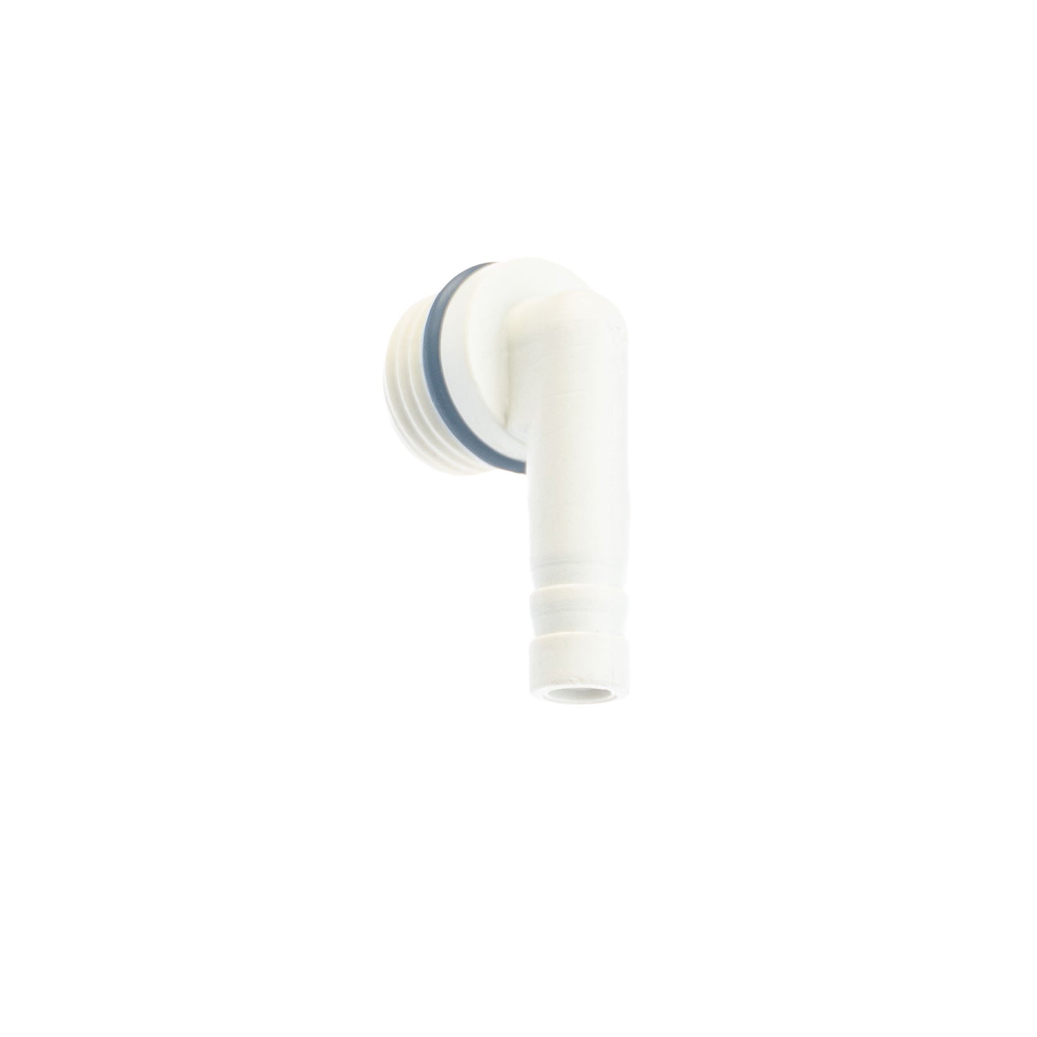 White plastic DEMA Eductor fitting with black seals on a white background