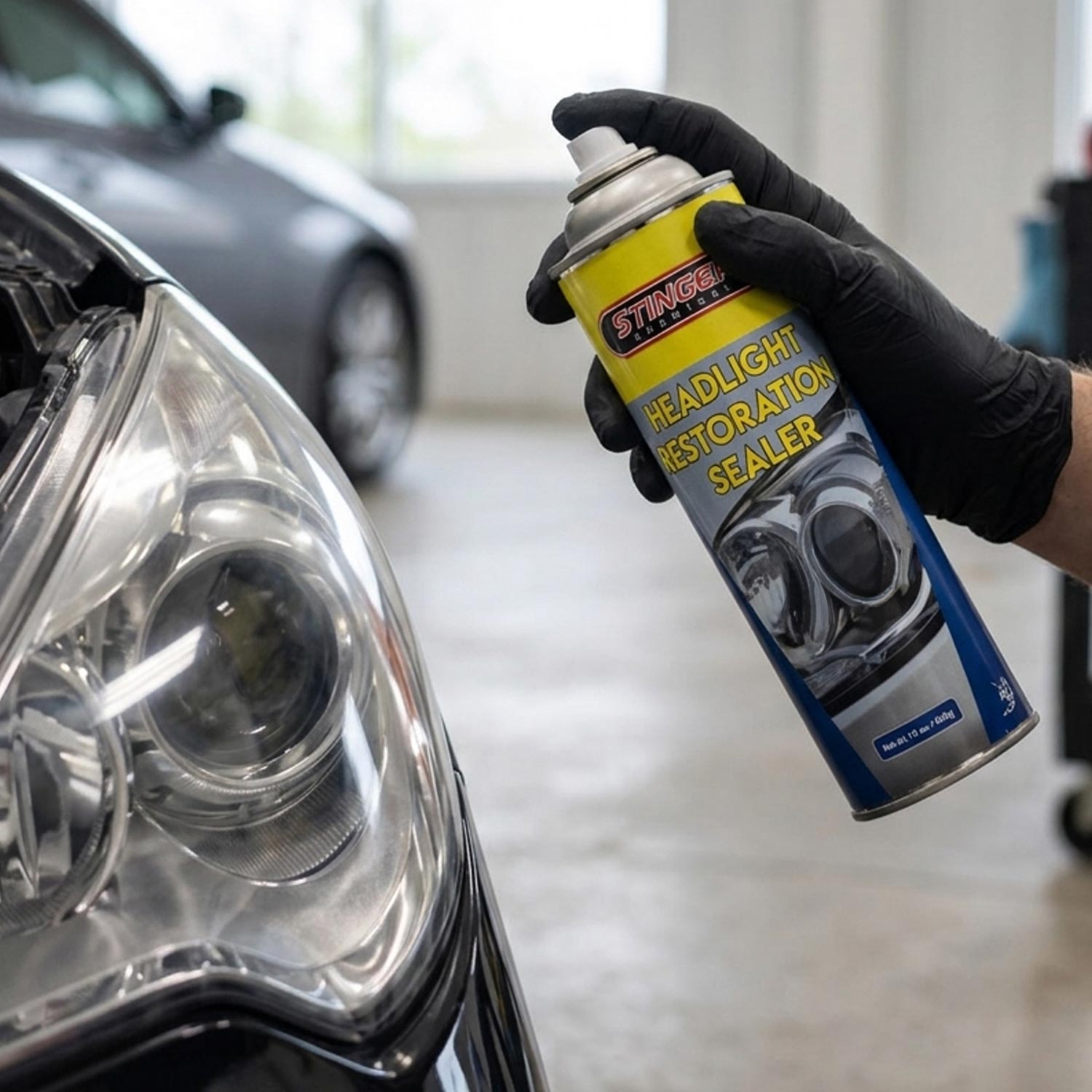 Person holding a can of Stinger Headlight Restoration Sealer over a car headlight.