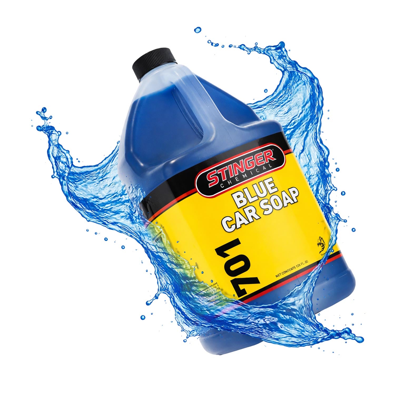 Bottle of Stinger Blue Car Soap with water splashes on a white background