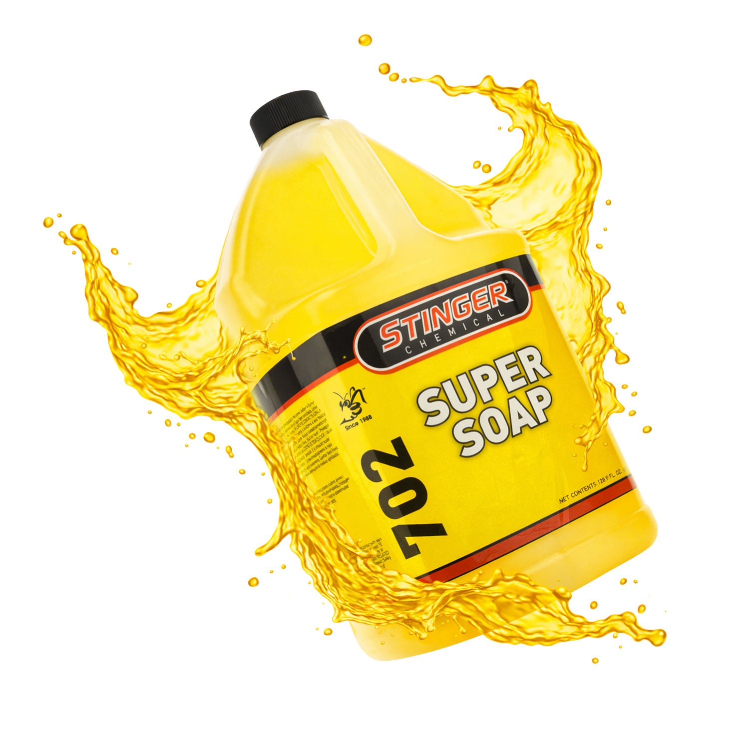 Yellow bottle of Stinger Super Soap with liquid splashes on a white background