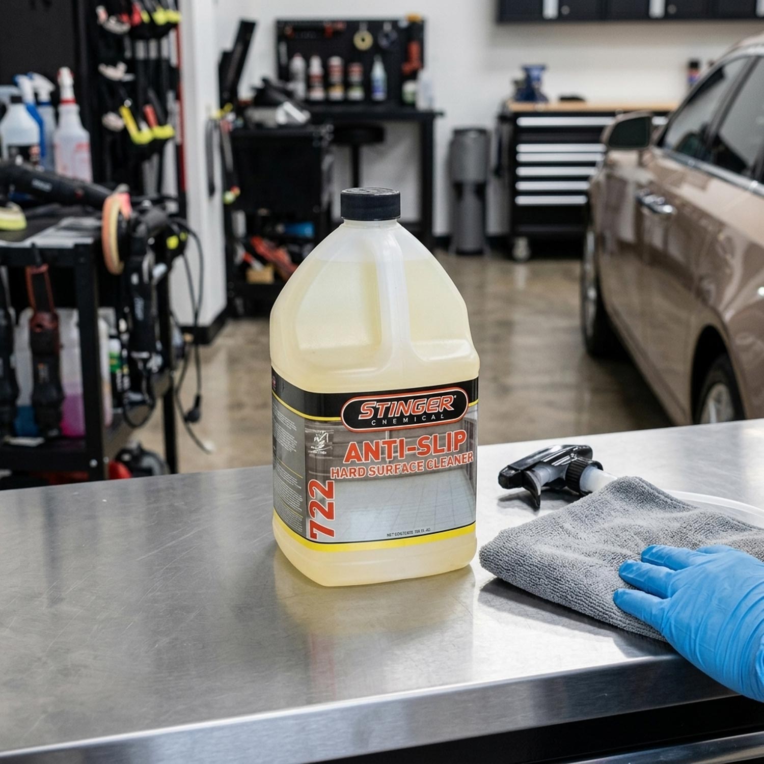 Stinger anti-slip product on a metal surface with a car and garage tools in the background