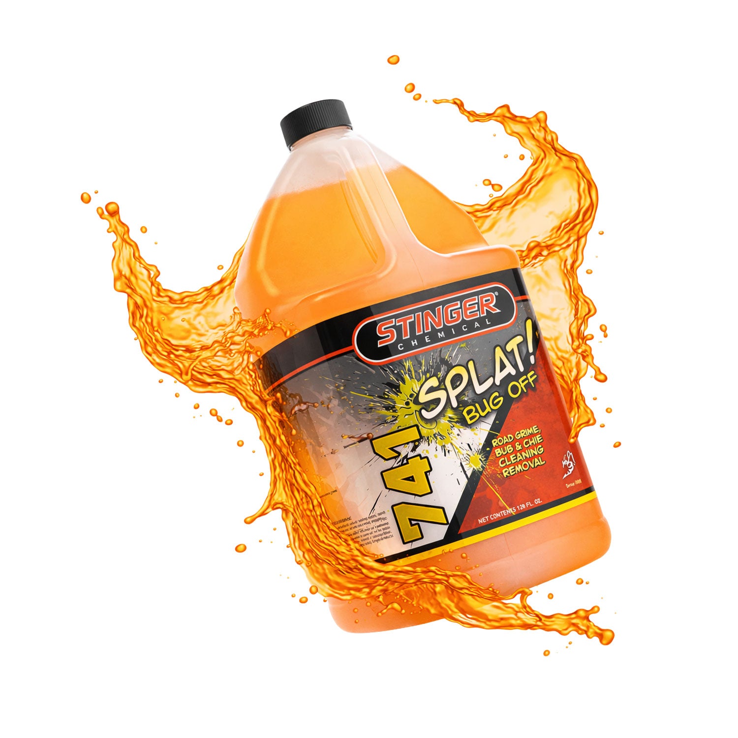 Bottle of Stinger Splat Bug Off with orange liquid splashing out on a white background