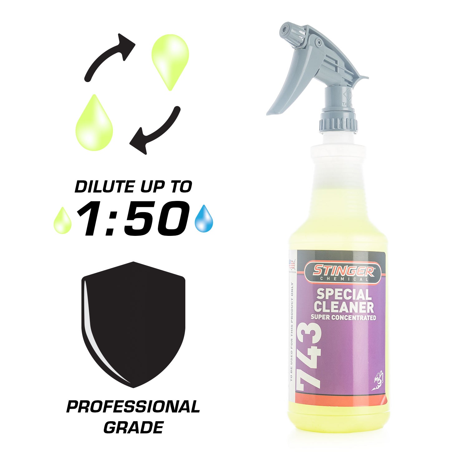 Spray bottle labeled 'Stinger Special Cleaner' with dilution instructions and professional grade label on a white background