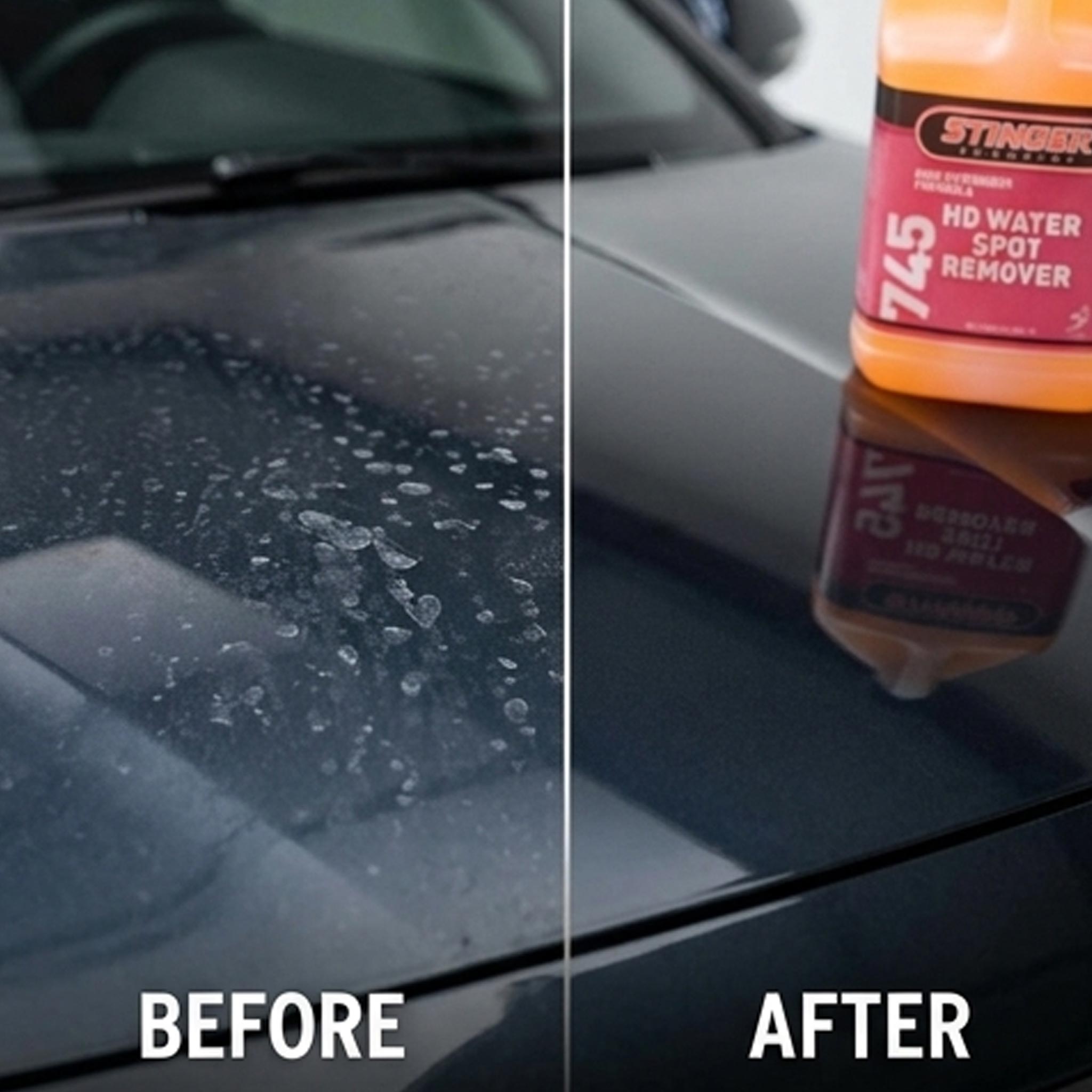 before and after using stiner HD water spot remover on a car hood