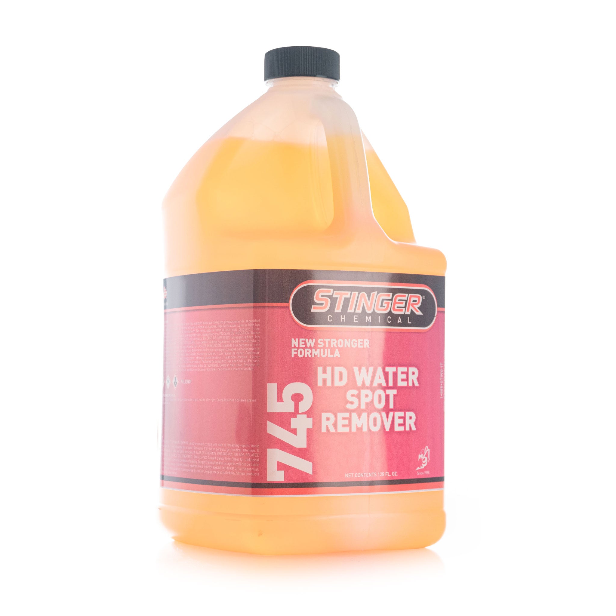 Gallon Bottle of 745 HD water spot remover from stinger chemical on a white background