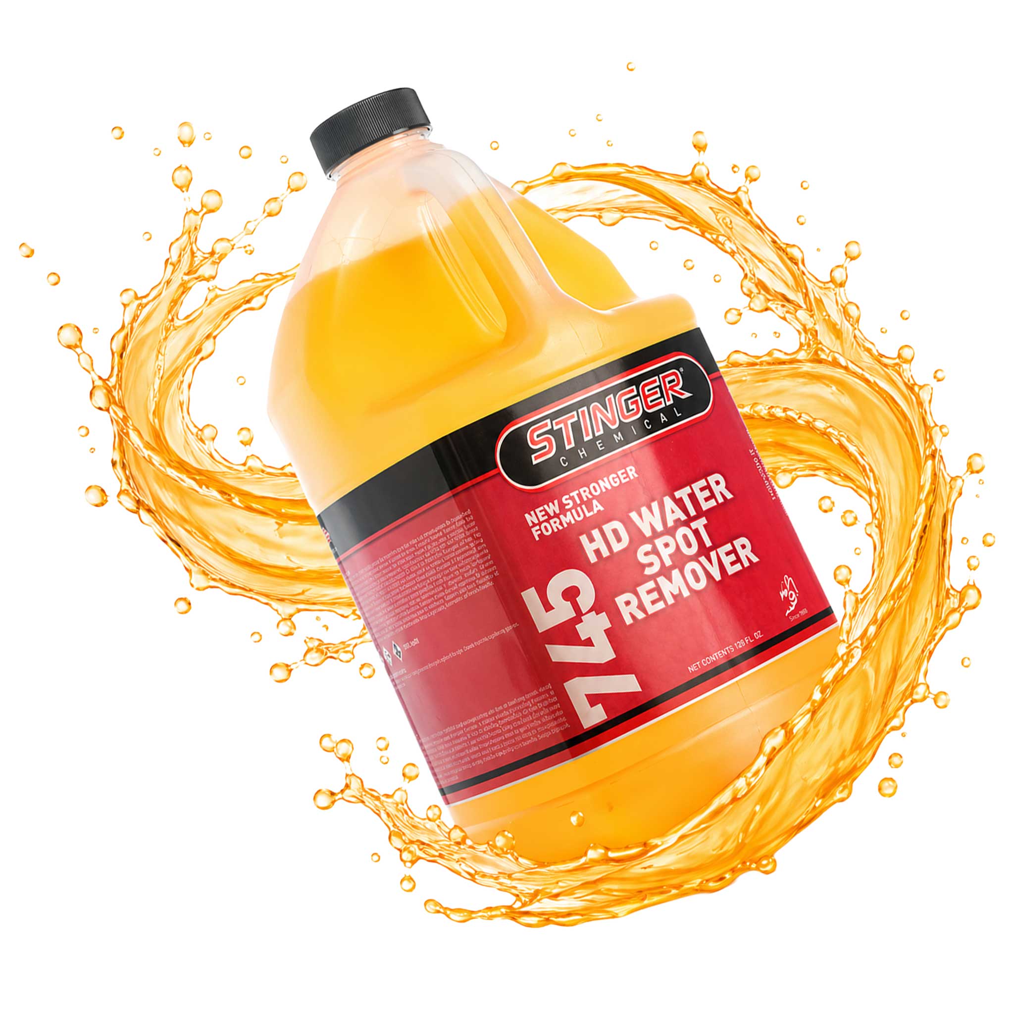 stinger chemical HD water spot remover on a white background with a liquid splash effect