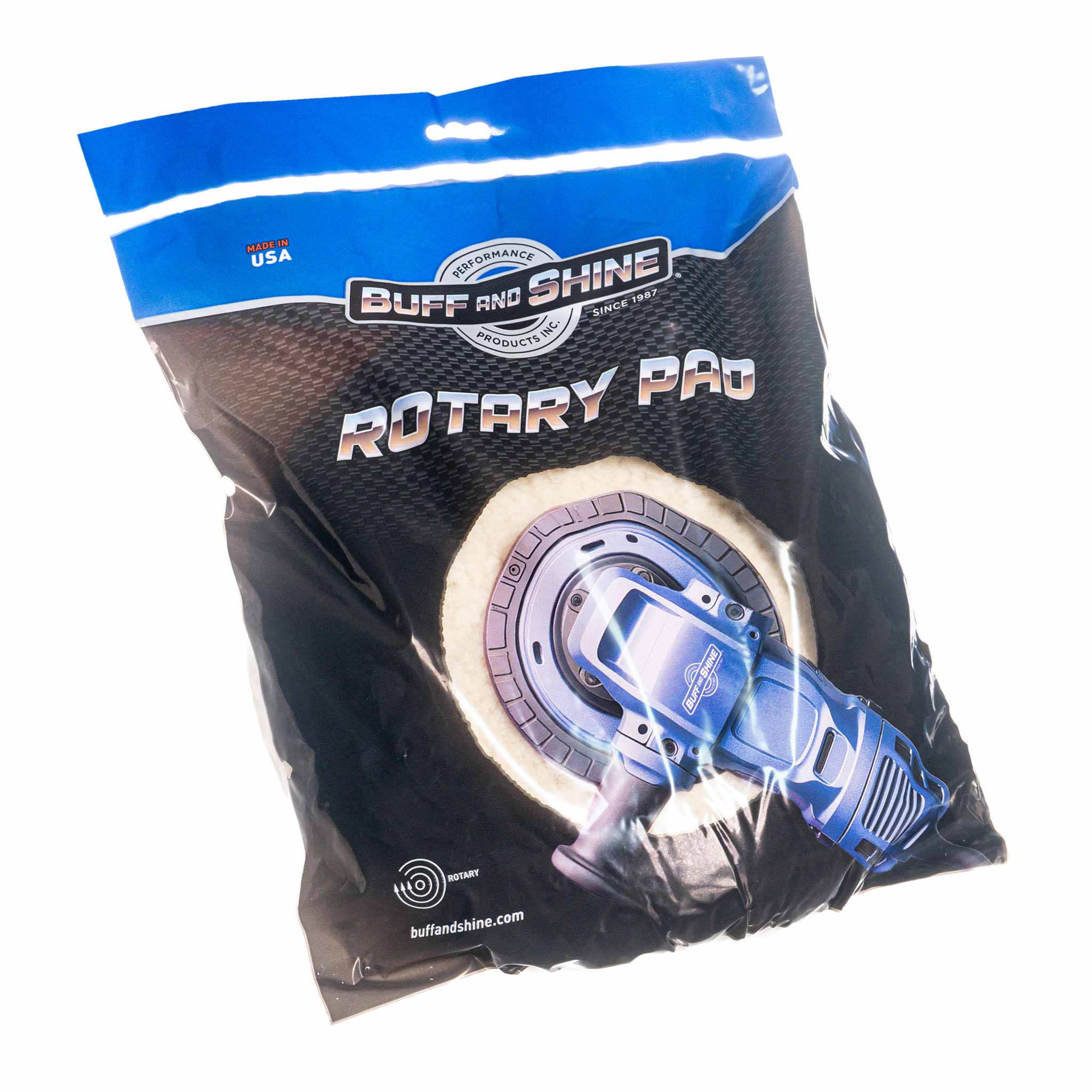 Packaged wool rotary pad with 'Buff and Shine' branding on a white background