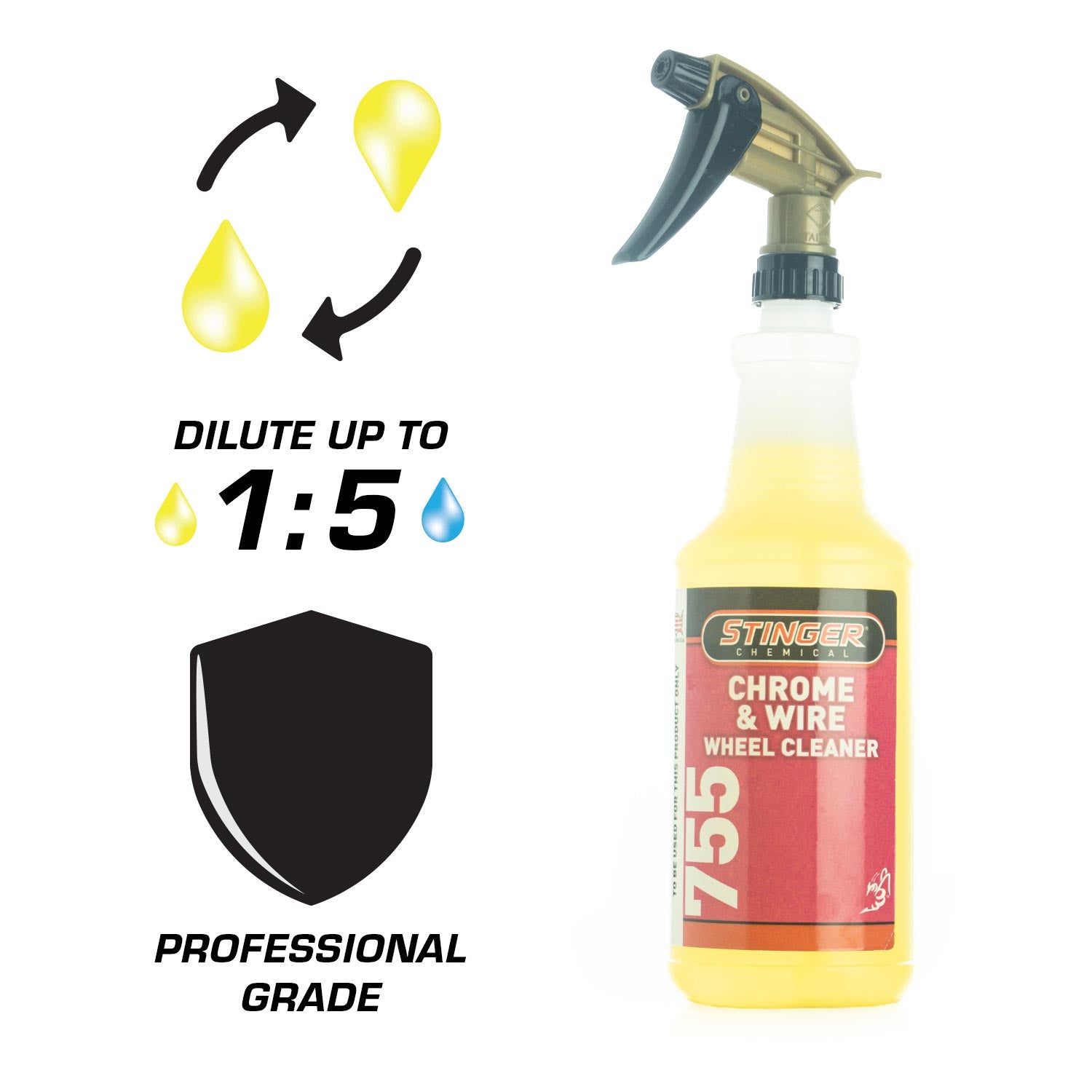 Stinger 755 Chrome & Wire Wheel Cleaner bottle with dilution instructions on a white background
