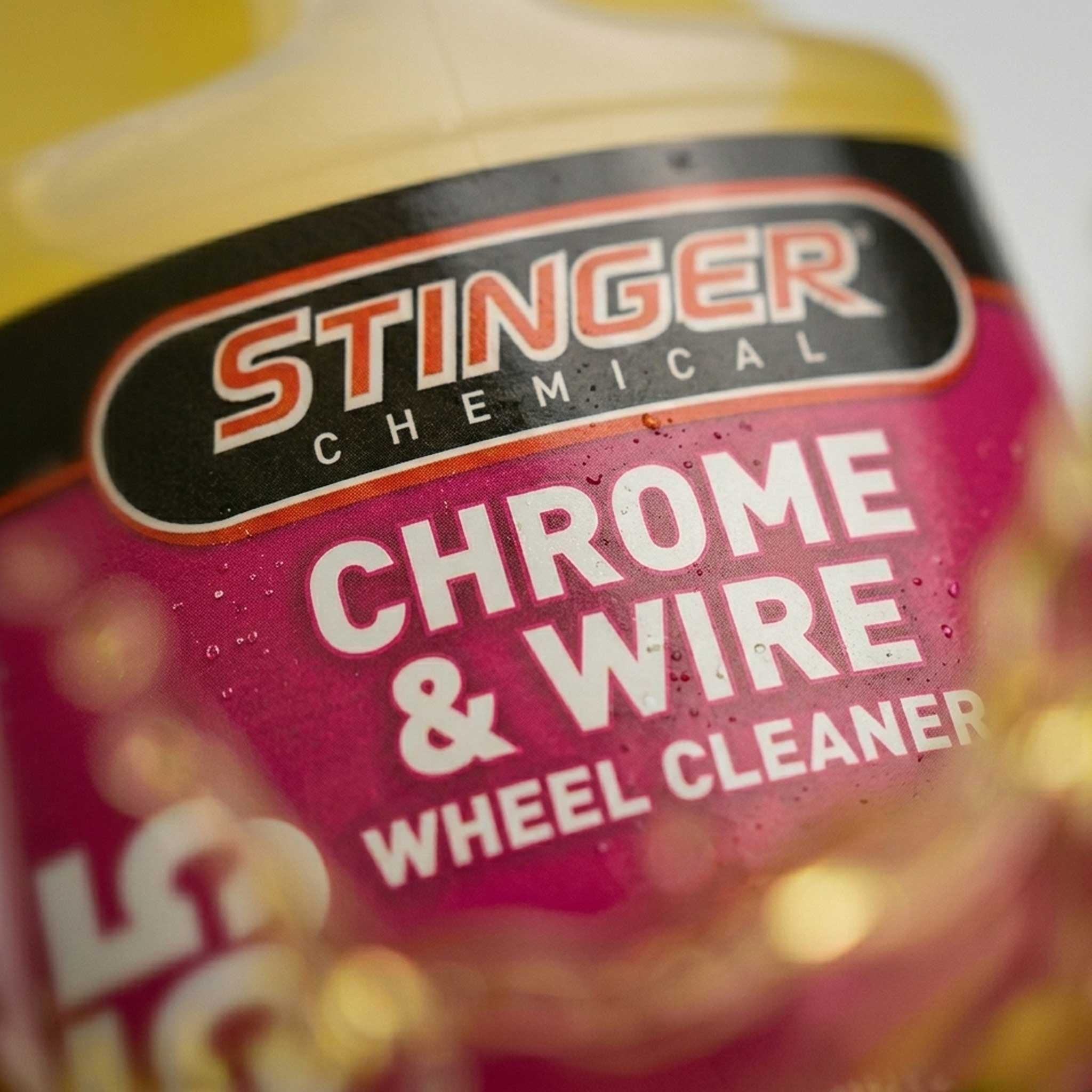 Stinger Chemical Chrome & Wire Wheel Cleaner bottle with a blurred background