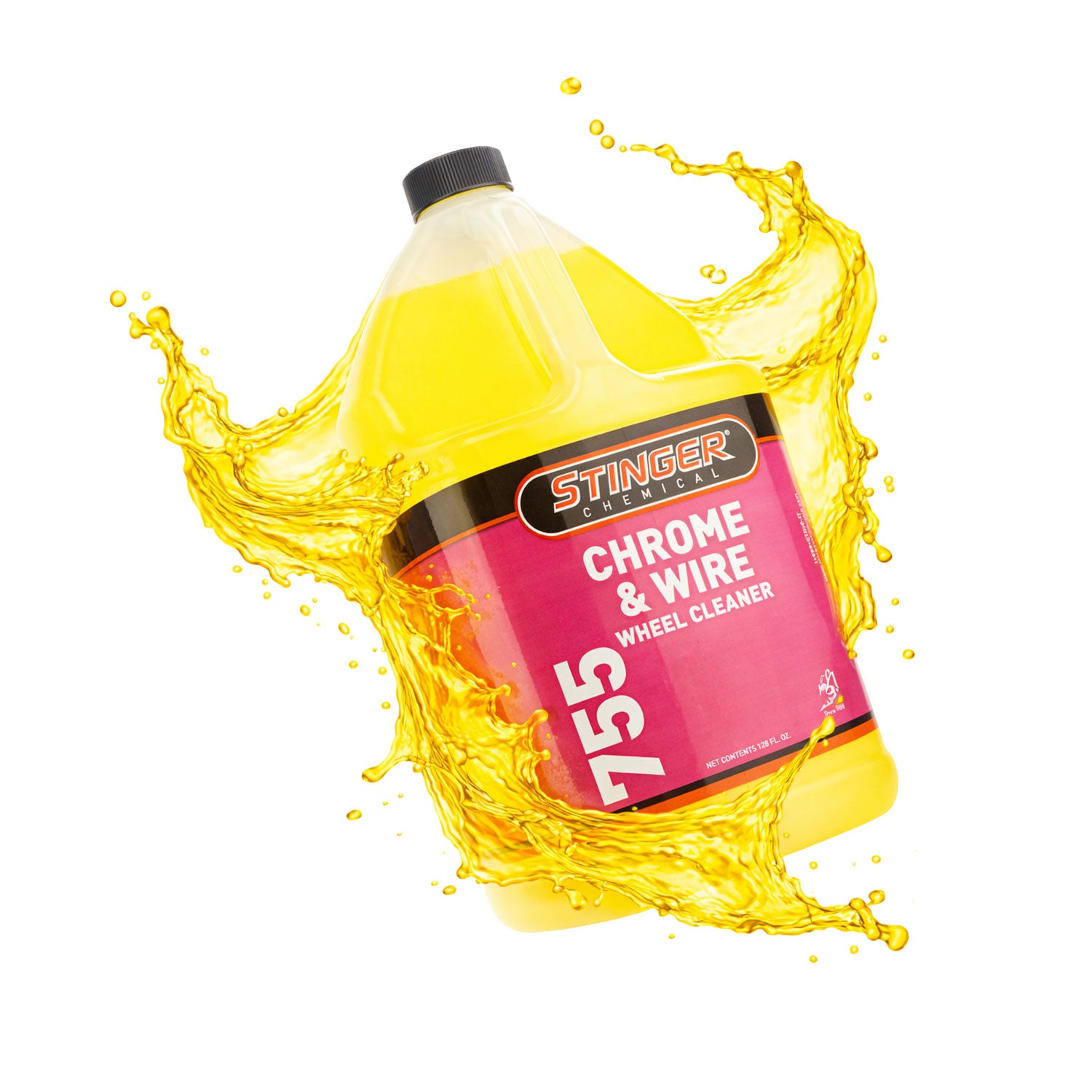Bottle of Stinger 755 Chrome & Wire Wheel Cleaner with yellow liquid splashing around it on a white background.