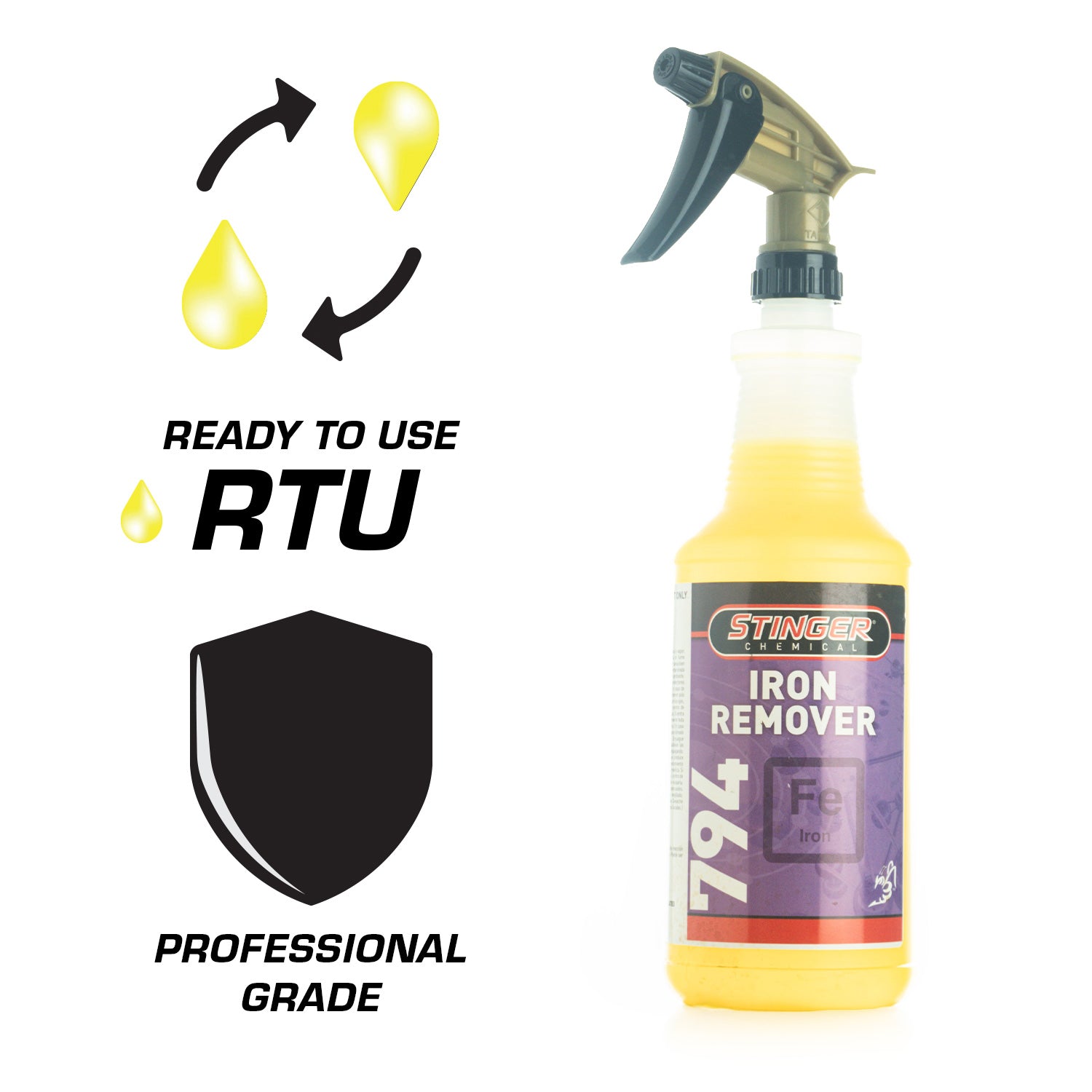 Stinger Iron Remover spray bottle with branding and product features on a white background