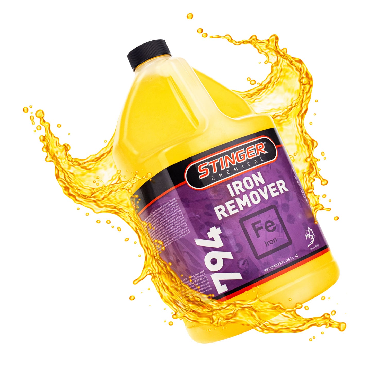Stinger Iron Remover bottle with yellow liquid splashing around on a white background