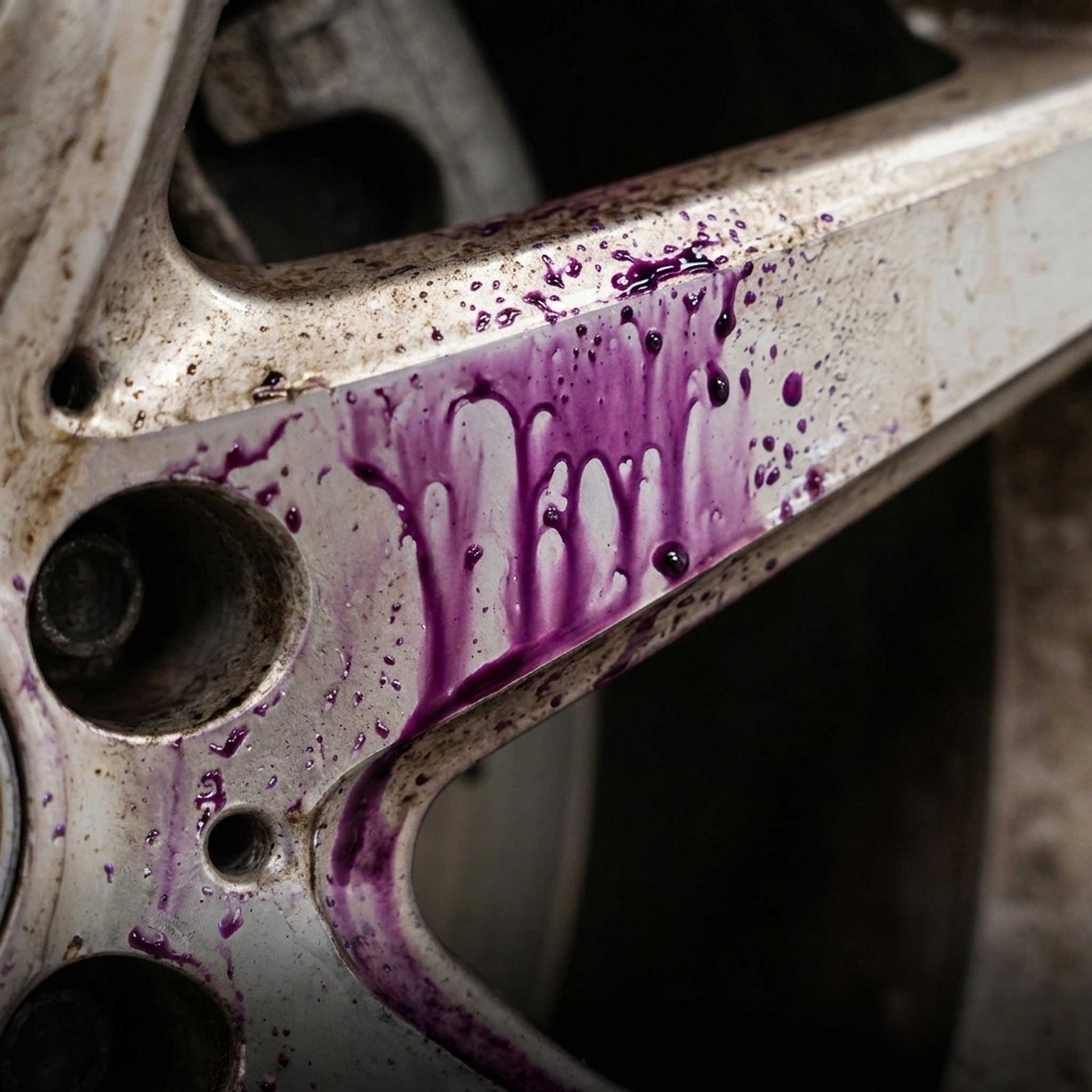 Close-up of a metal surface with purple liquid iron remover