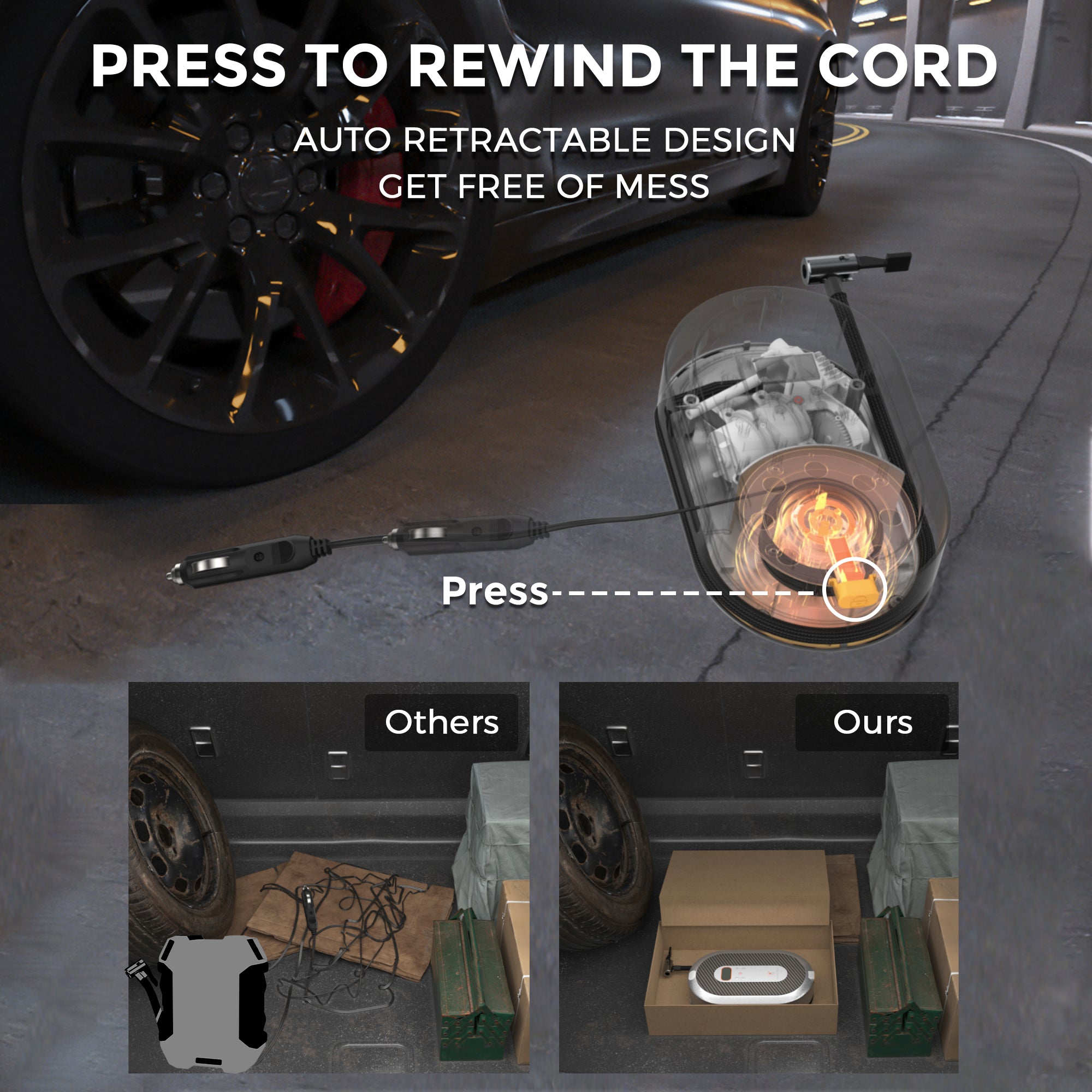 Auto retractable design with a car tire and tool box in the background, highlighting the product's feature.