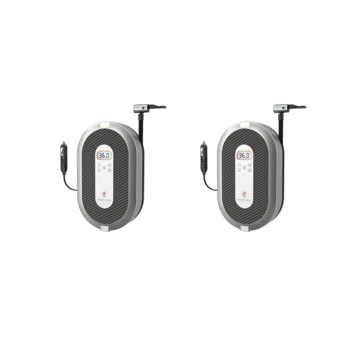 Two tire pressure inflators with digital displays on a white background