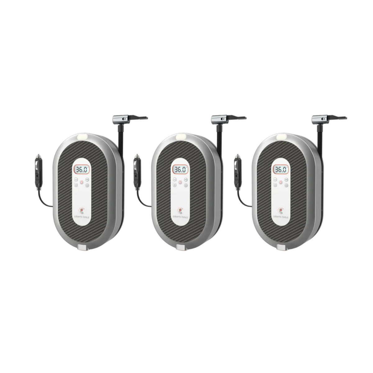 Three tire pressure inflators with digital displays on a white background